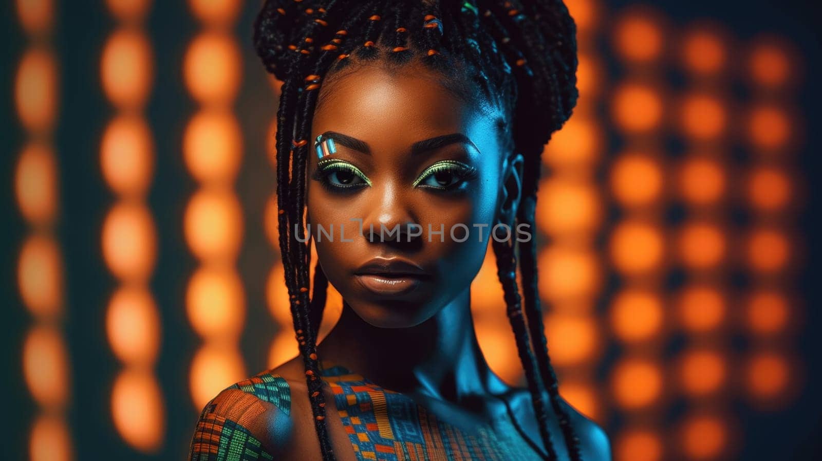Beautiful model with colorful and trendy outfit with glowing light. Picturesque by biancoblue