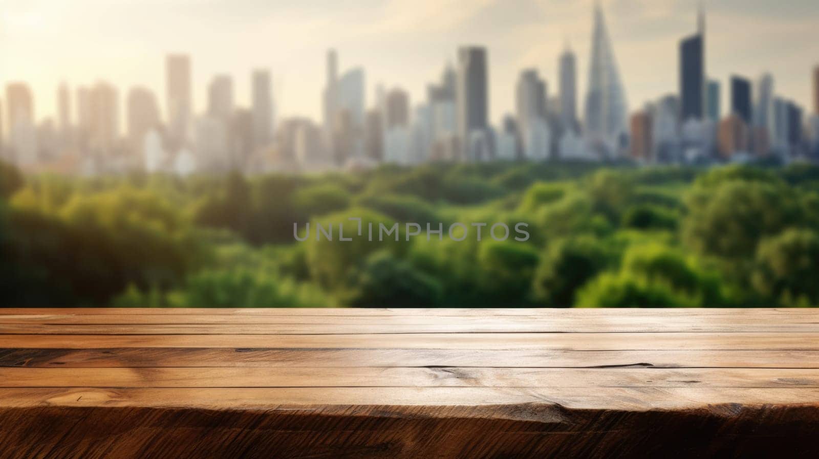 The empty wooden table top with blur background of city park skyline. Exuberant image.