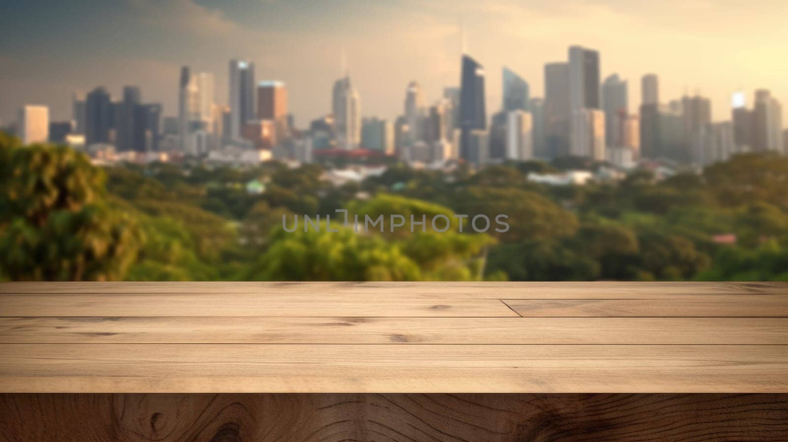 The empty wooden table top with blur background of nature skyline. Exuberant image.