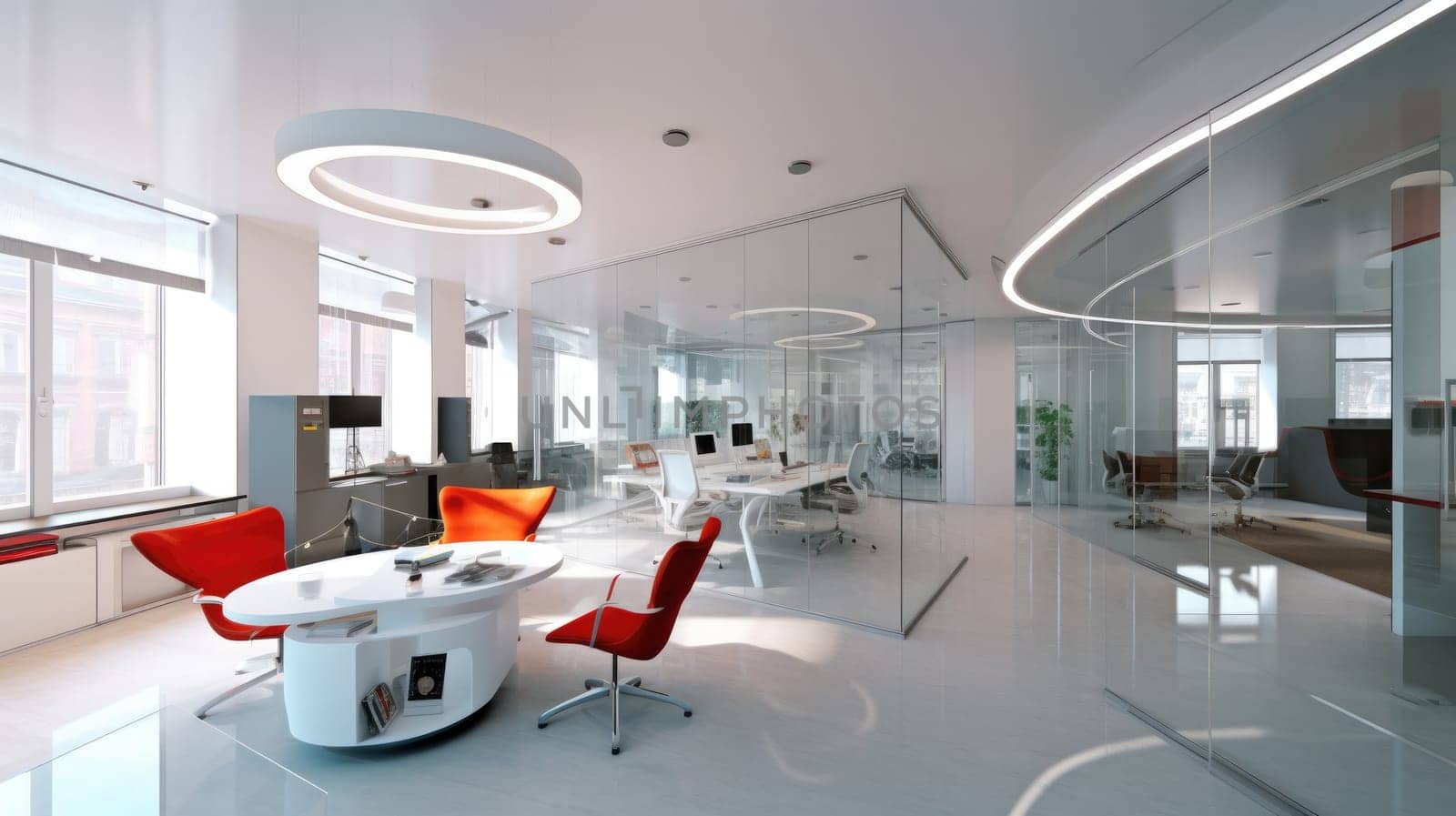 Inspiring office interior design Contemporary style Corporate Office with Open Space Design featuring Sleek design architecture. Generative AI AIG 31.