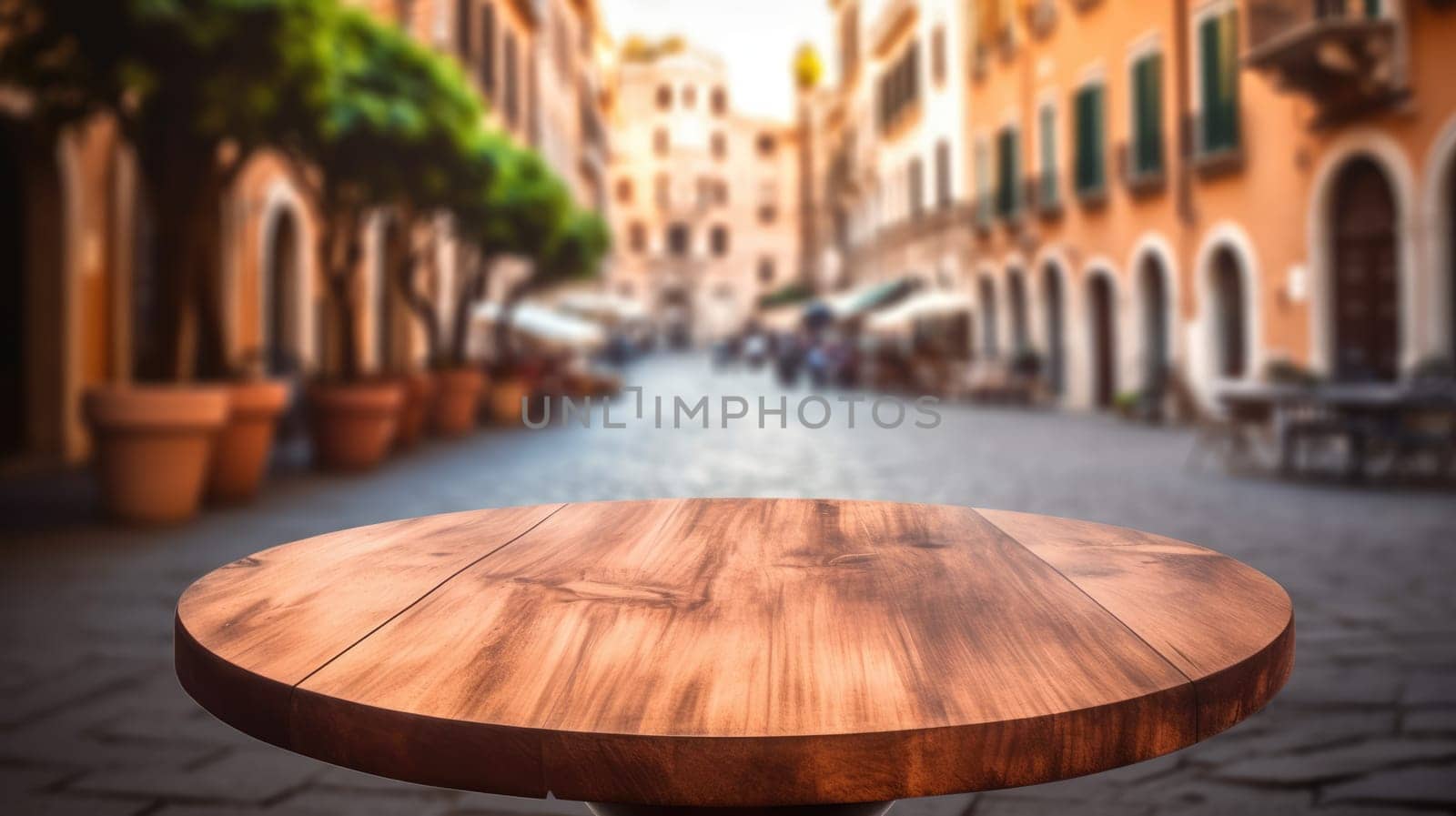 The empty wooden table top with blur background of Rome street. Generative AI image AIG30.