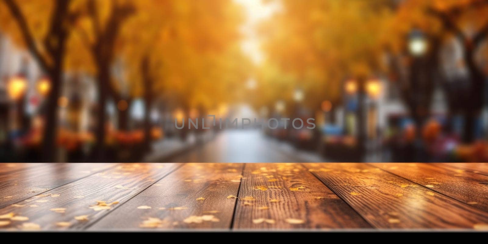 The empty wooden table top with blur background of European street in autumn. Generative AI AIG30. by biancoblue