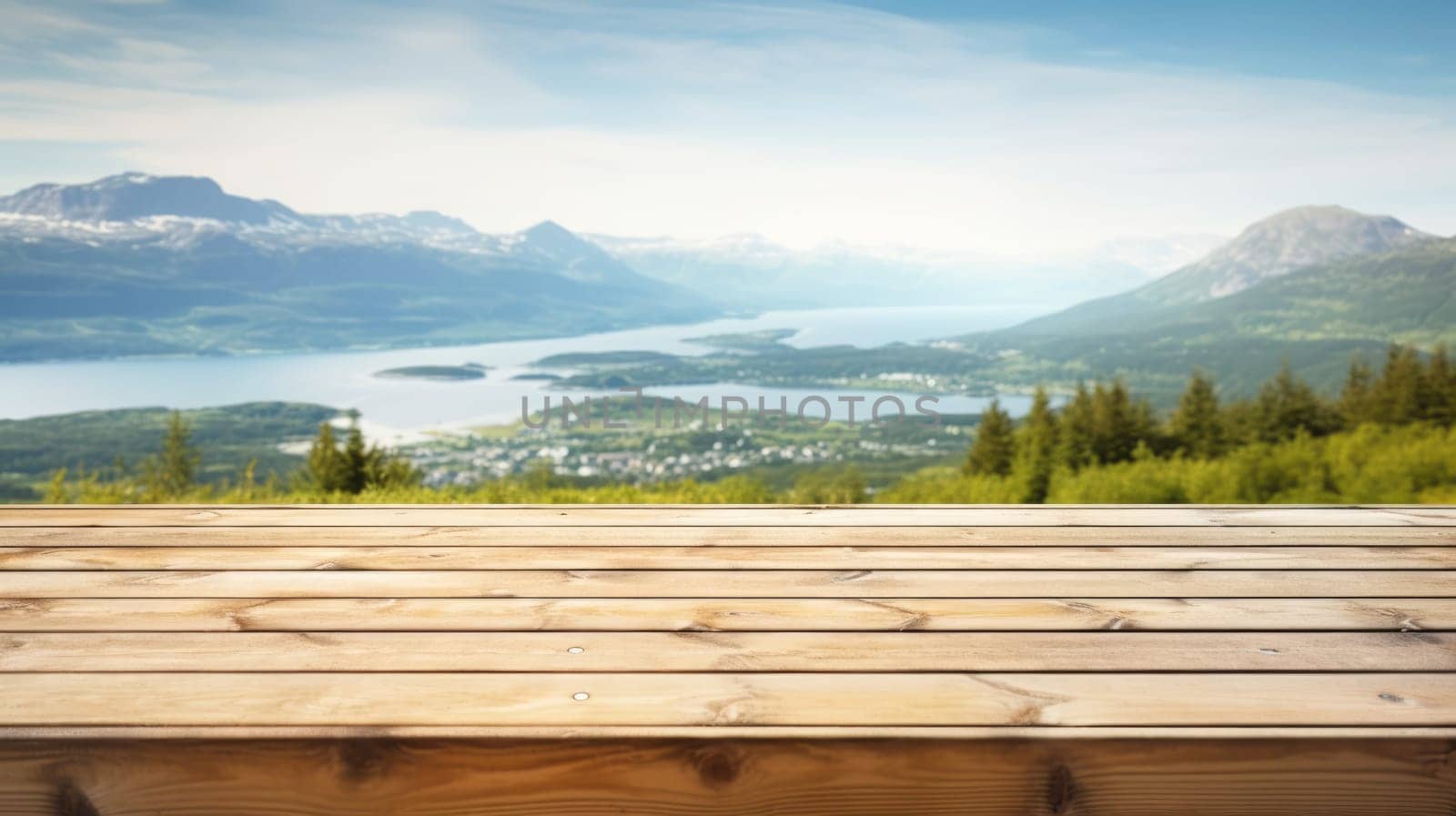 The empty wooden brown table top with blur background of Norway in summer. Exuberant image.