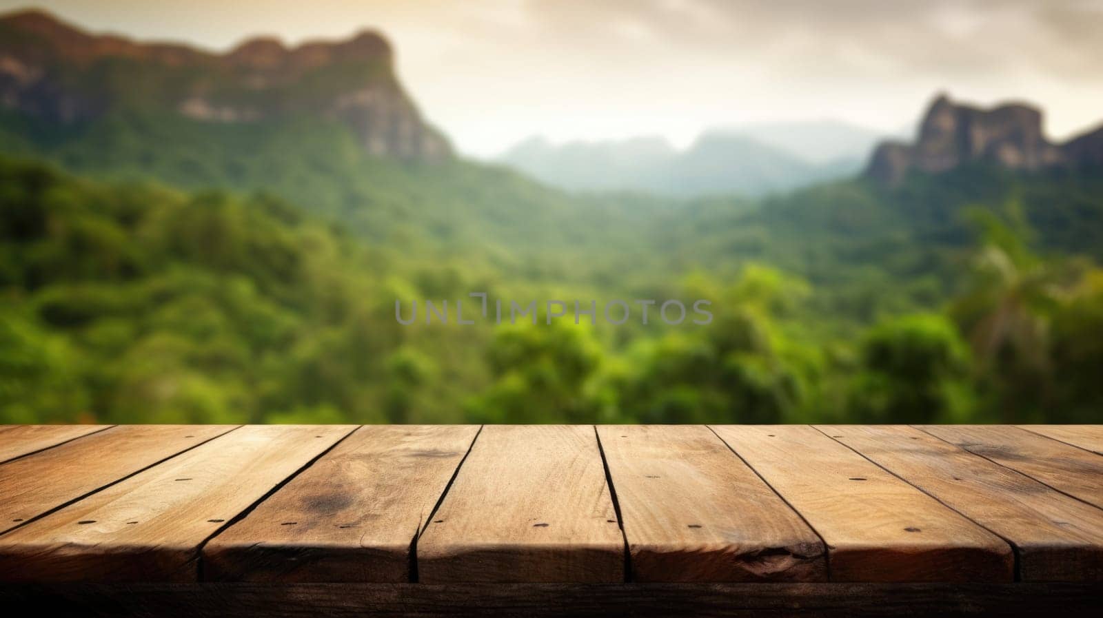 The empty wooden brown table top with blur background of trekking path. Exuberant image.