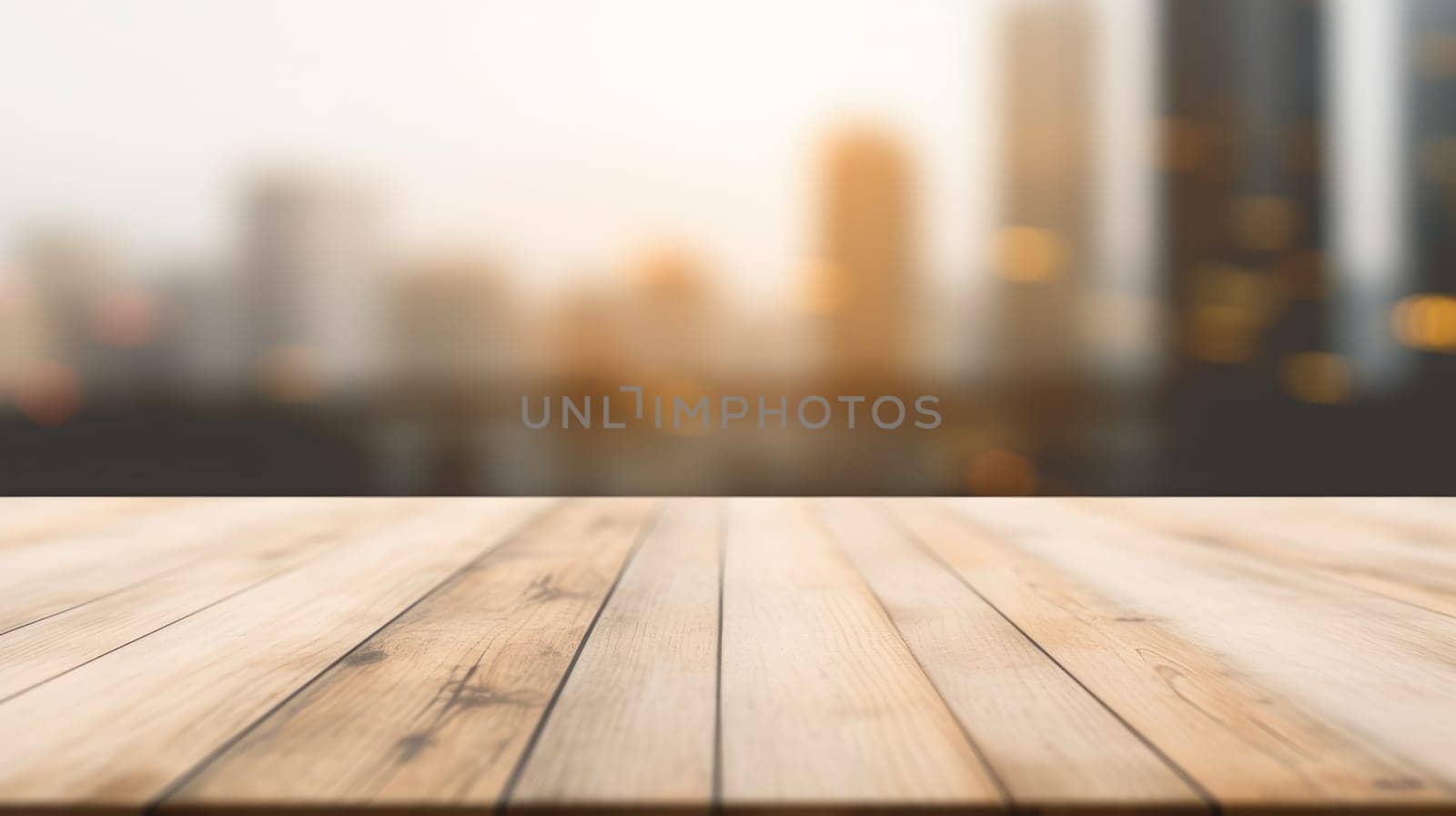 The empty wooden table top with blur background of an office and city. Exuberant image.