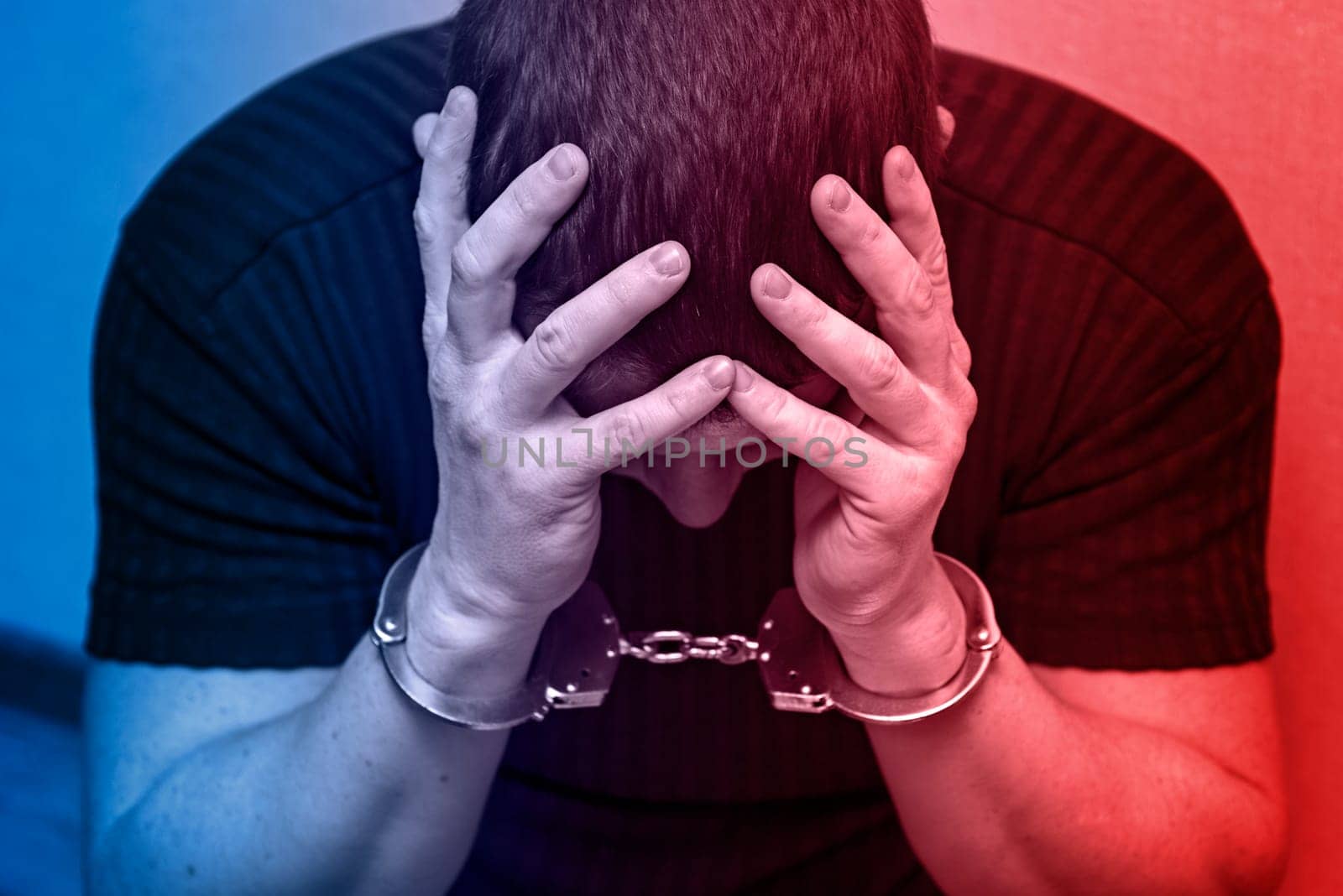 Criminal in handcuffs in the light of the police signal lights. Arrested man in handcuffs.