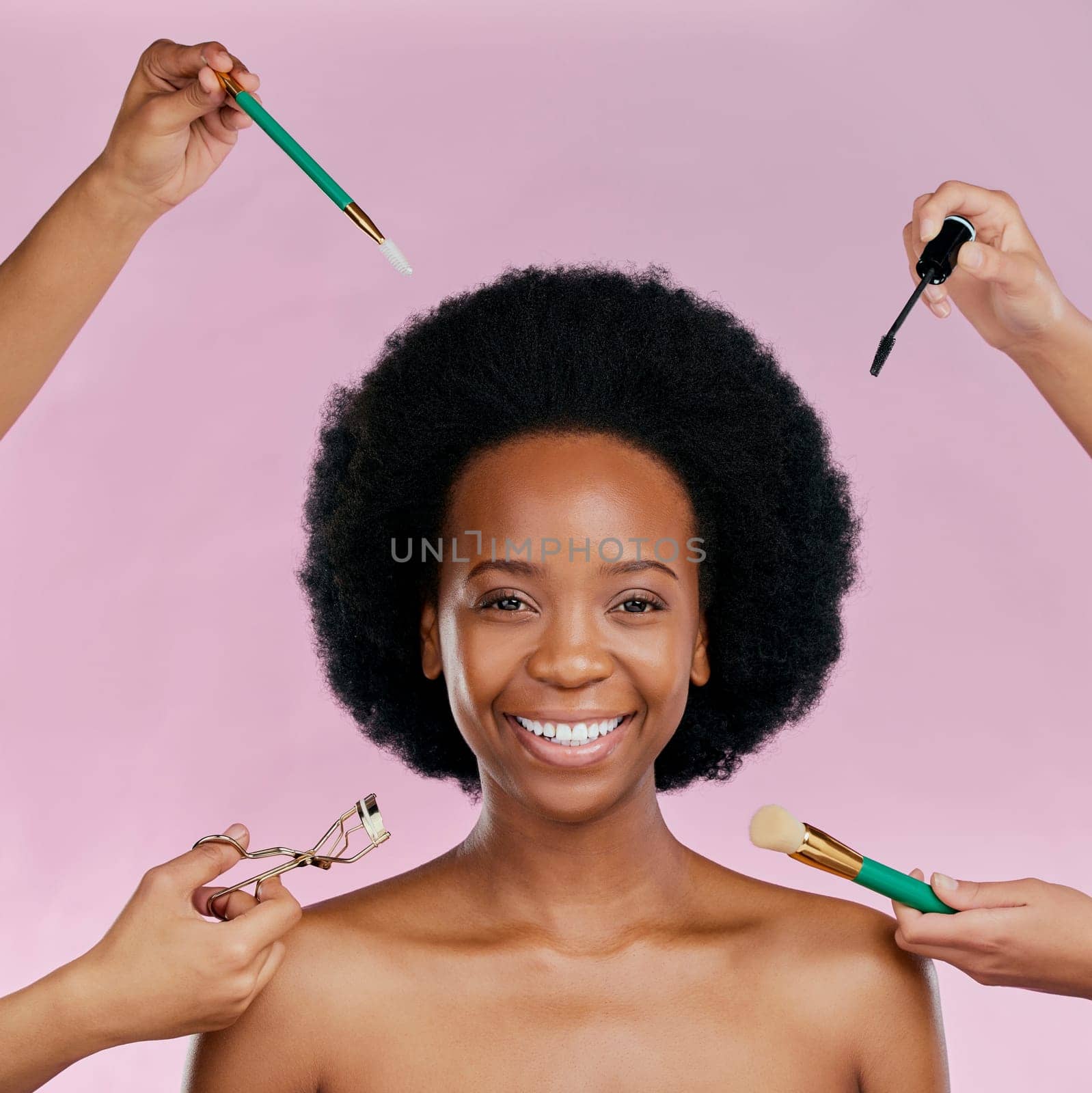 Portrait, smile and black woman with cosmetic tools, dermatology or happiness against a studio background. Face, female person or model with makeup, brushes or salon treatment with luxury or skincare by YuriArcurs