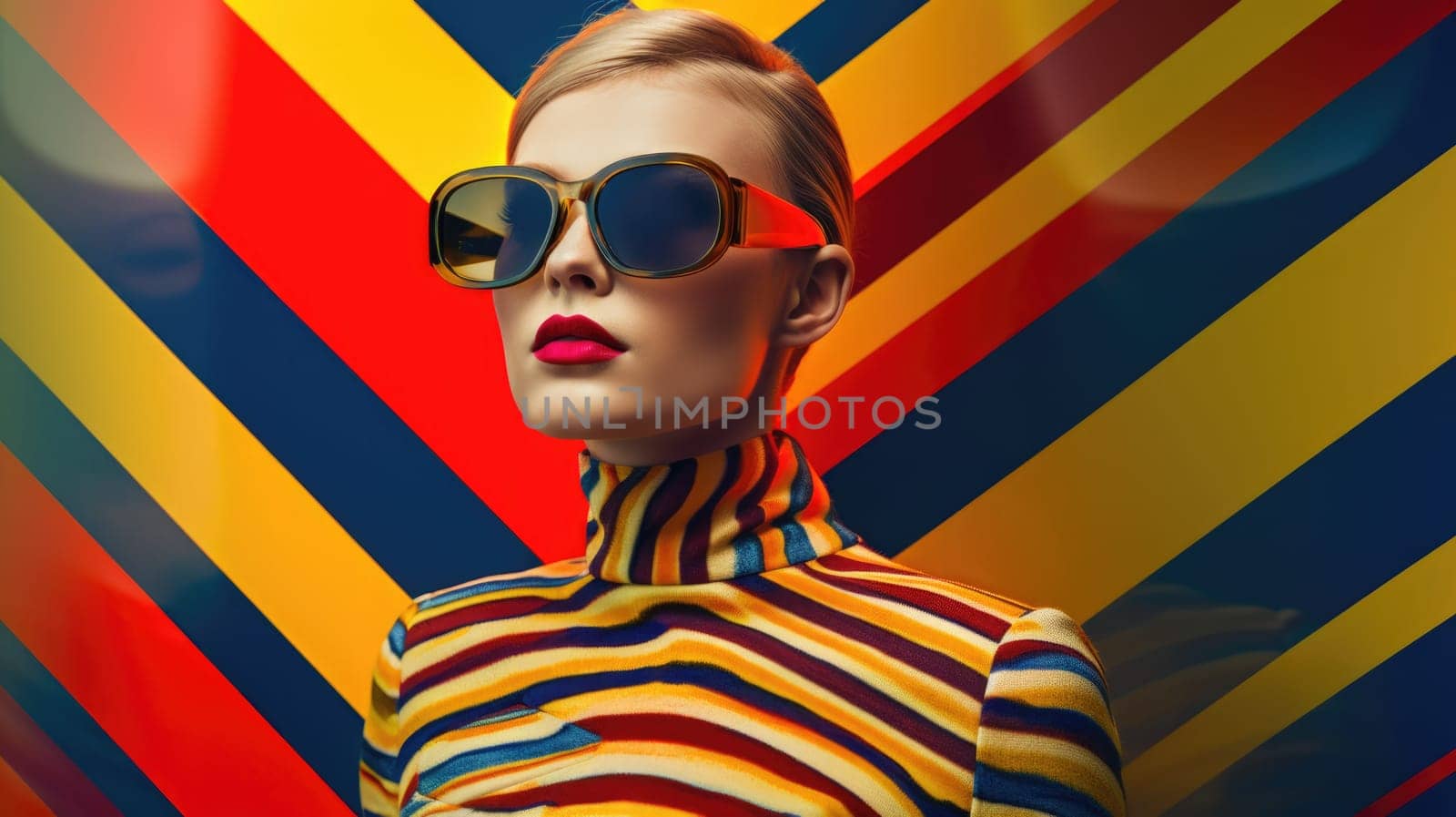 Young female model posing with trendy fashion outfit and colorful optical art abstract background. Picturesque generative AI