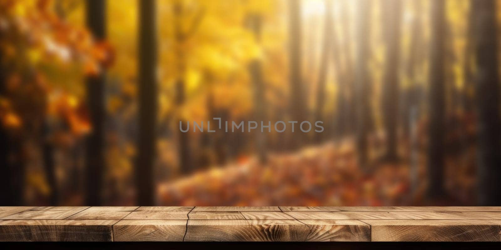 The empty rustic wooden table for product display with blur background of autumn forest. Exuberant. by biancoblue