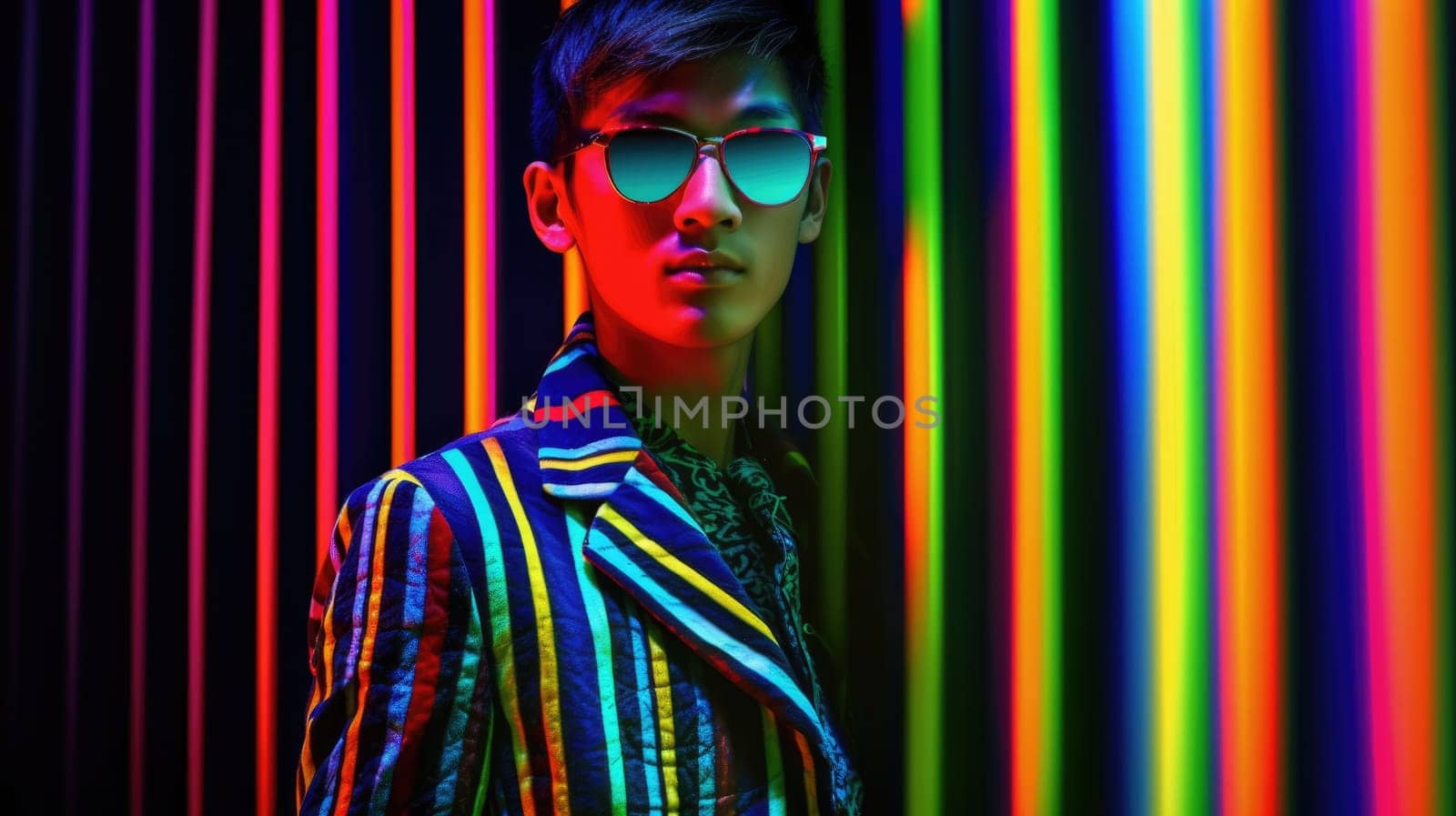 Young male model posing with trendy man fashion outfit and colorful green optical art abstract background. Picturesque generative AI