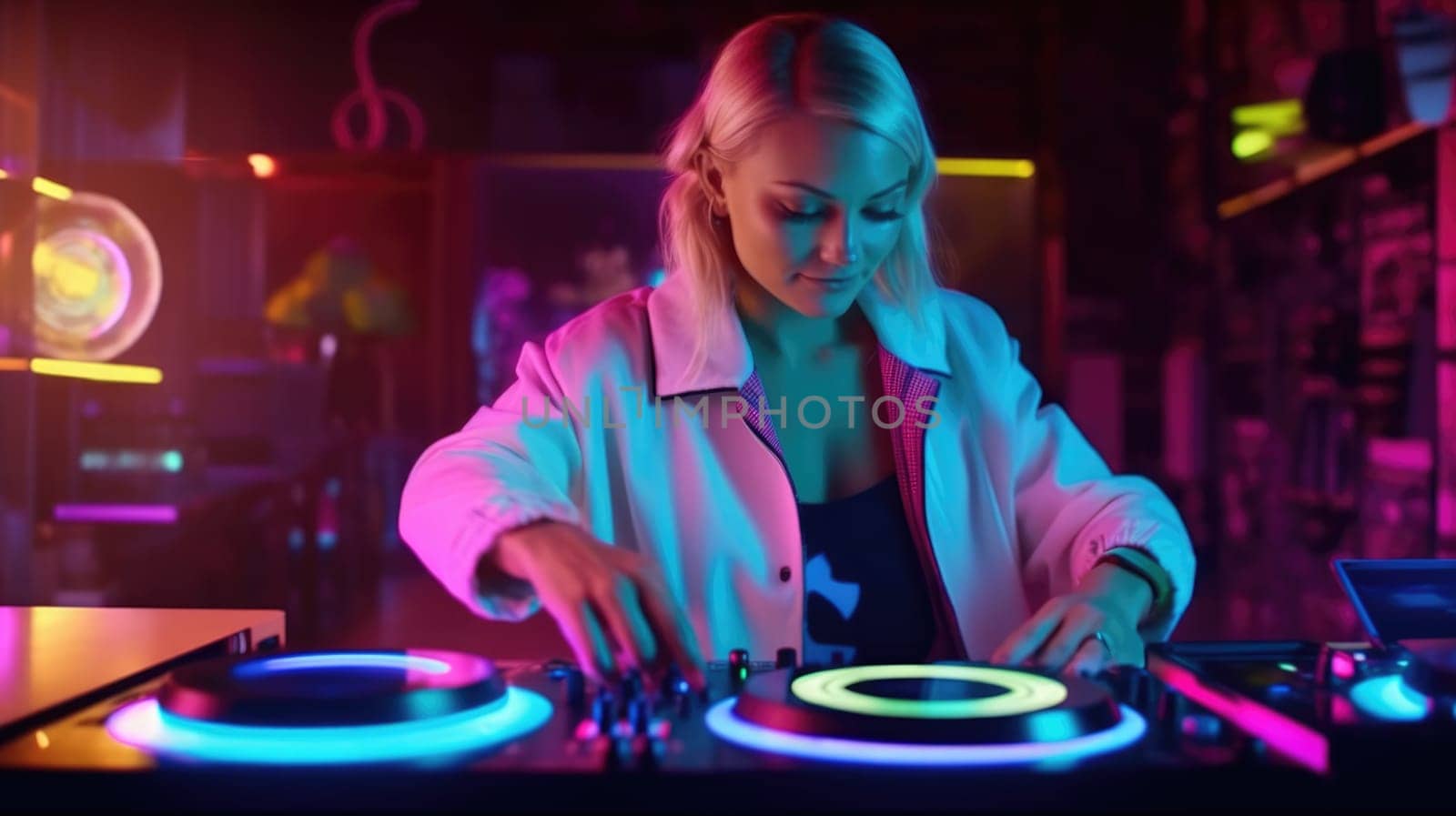 candid an excited DJ young scandinavian woman mixing music at turntables with headphones. generative ai AIG32 by biancoblue