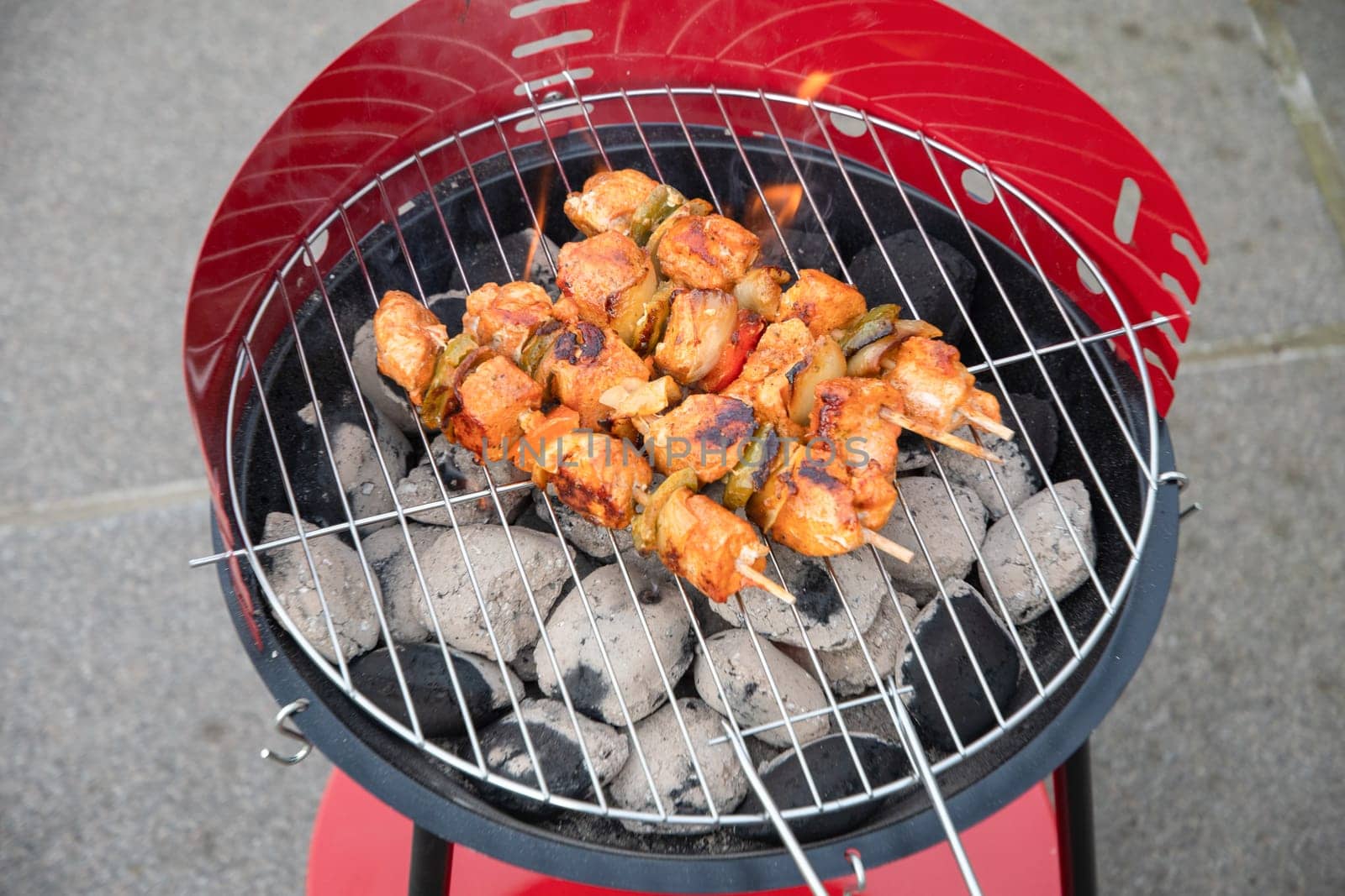 summer picnic with barbecue marinated chicken skewers with grilled vegetables on the terrace, colorful food. High quality photo