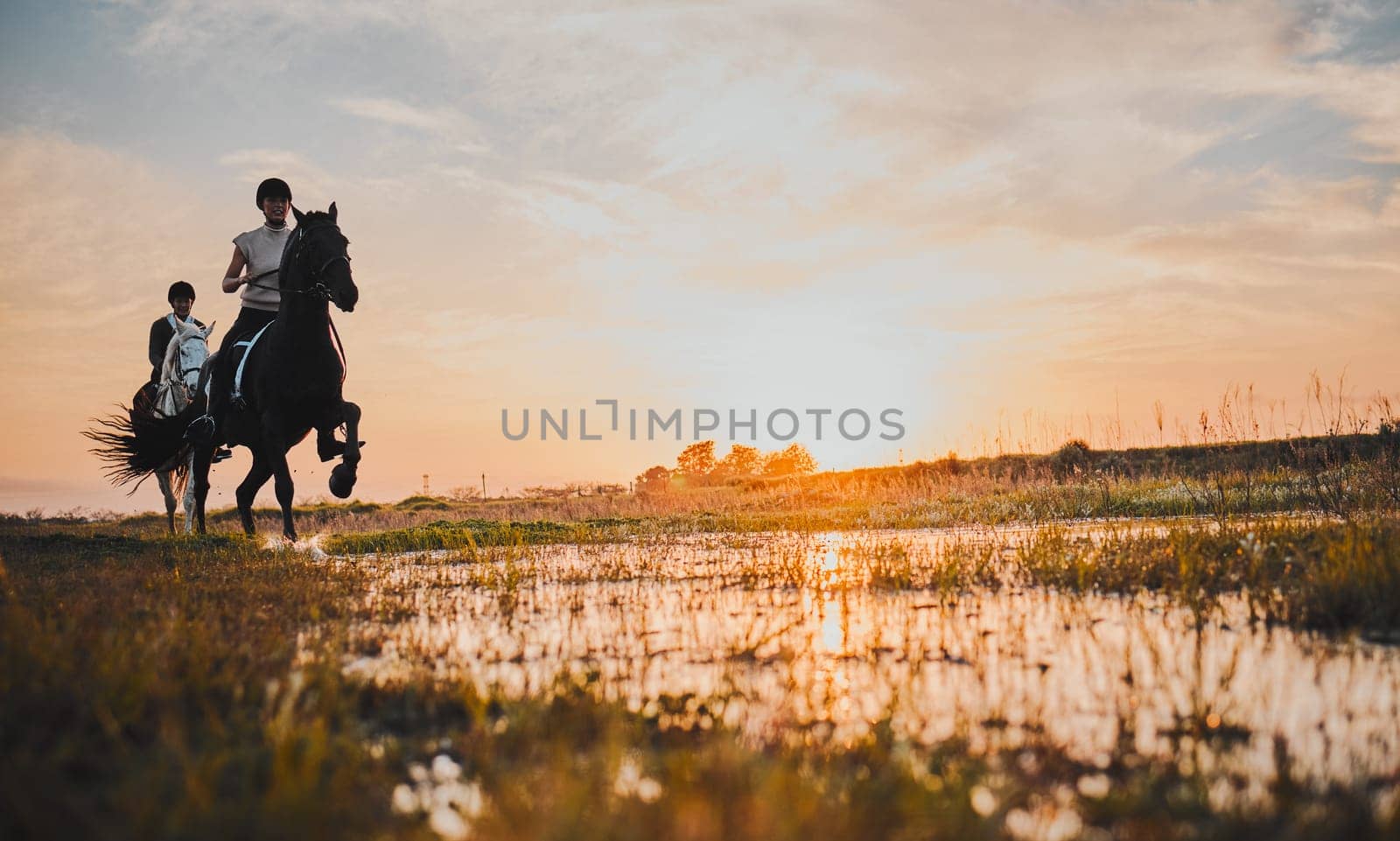 Horse riding, friends and women in countryside at sunset with outdoor mockup space. Equestrian, girls and animals in field, nature and adventure, travel and journey with pet for vacation in summer
