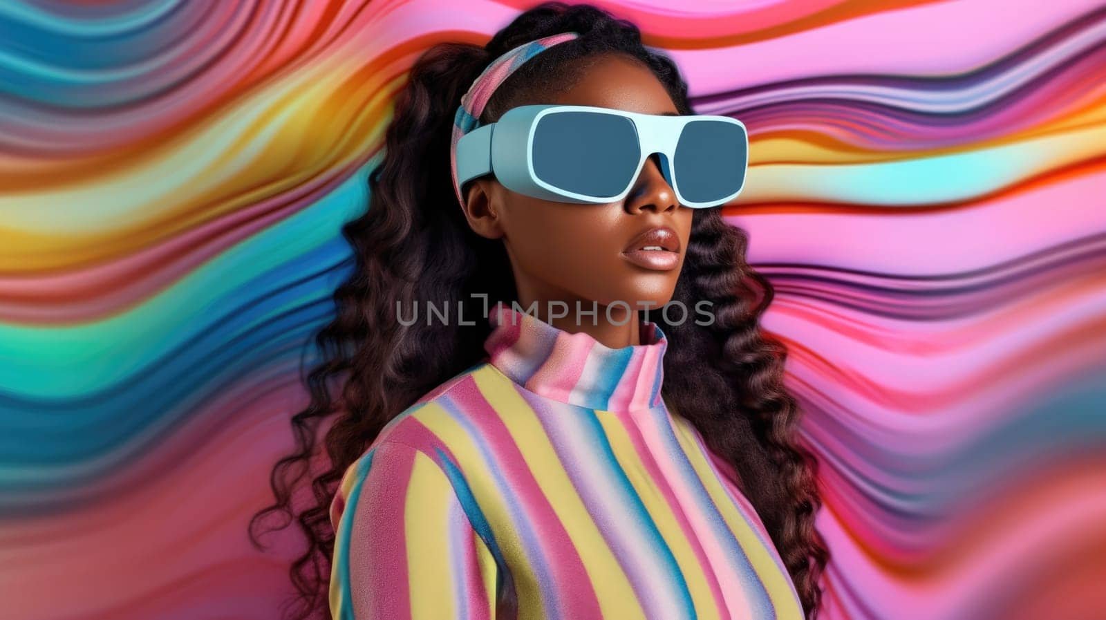 Young african female model wearing VR posing with trendy fashion outfit and colorful optical art abstract background. Picturesque generative AI
