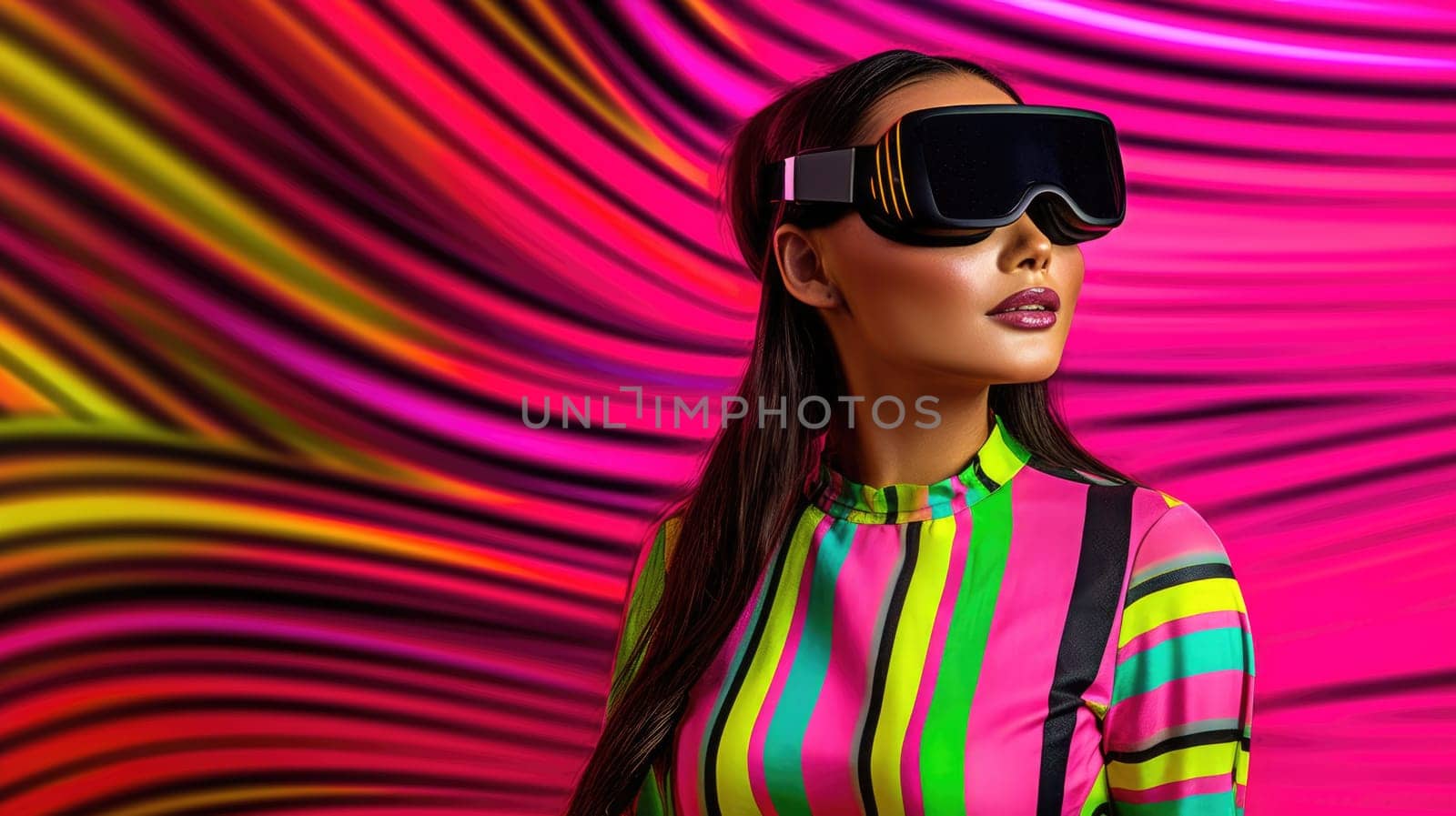 Young female model wearing VR posing with trendy fashion outfit and colorful optical art abstract background. Picturesque generative AI