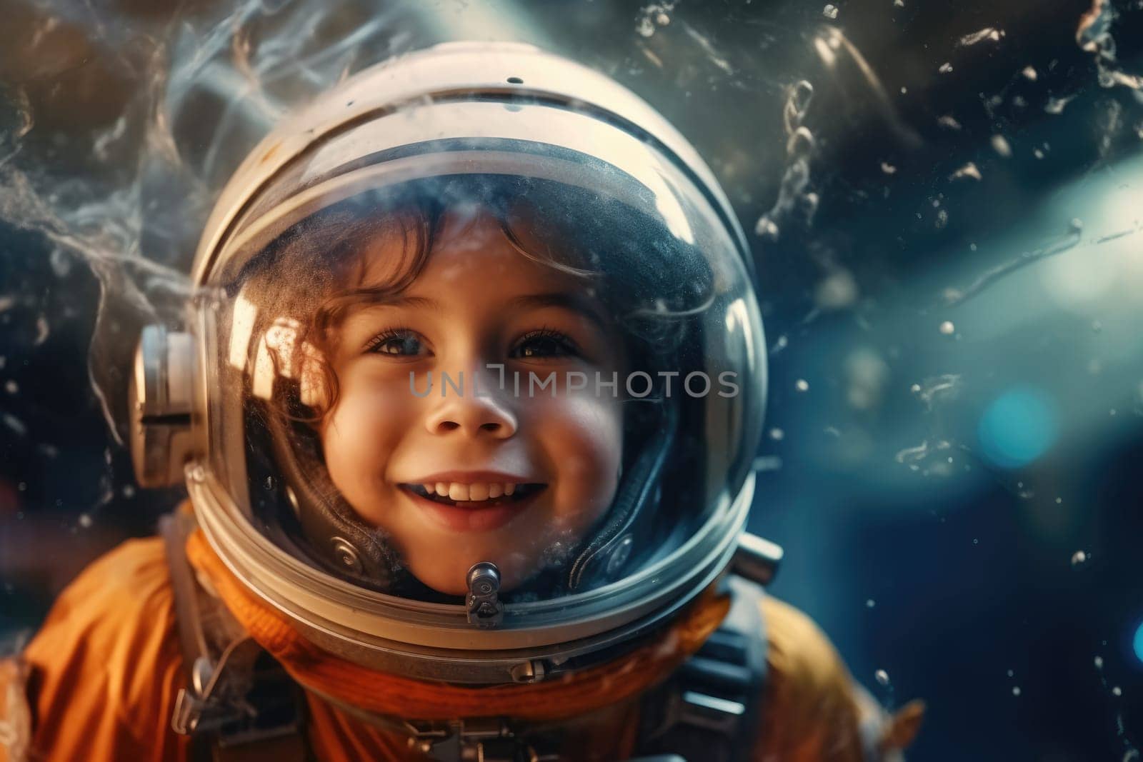 kid in spacesuit helmet floating through school. beautiful Generative AI AIG32