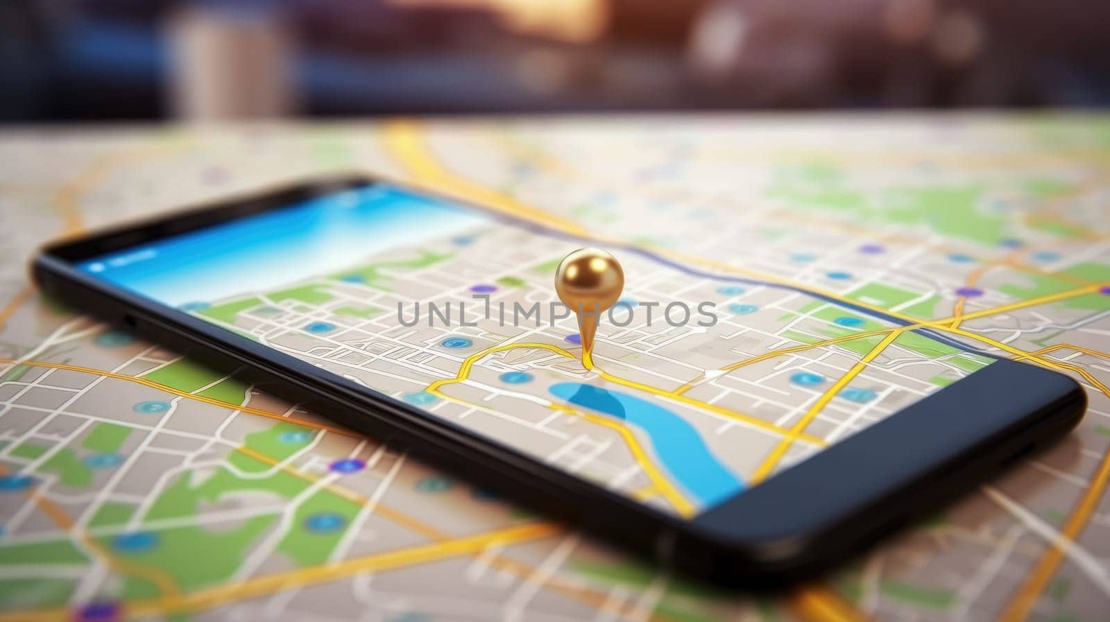 smartphone on table top with map and location pin, blur background of traffic. beautiful Generative AI AIG32