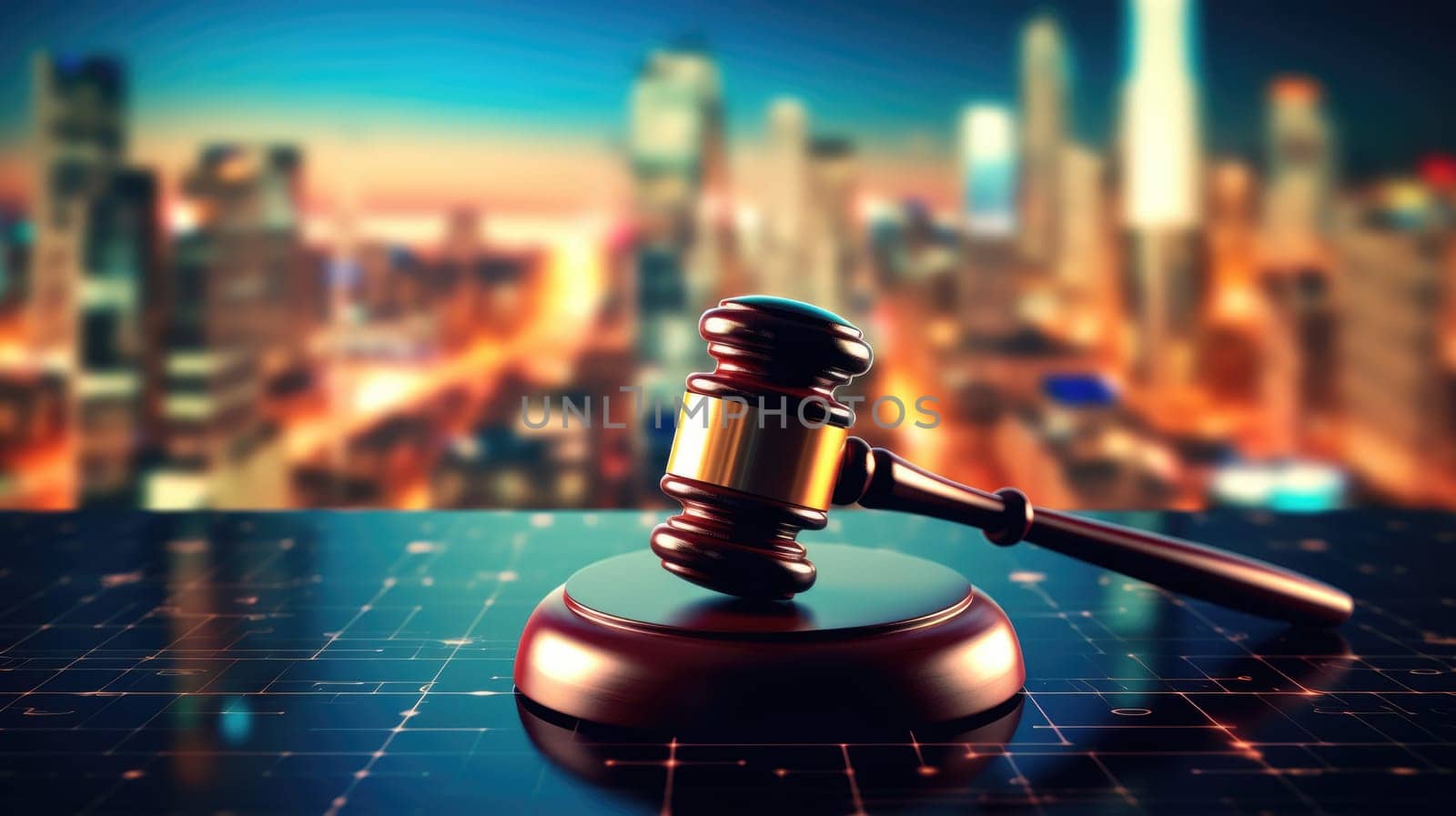 A wooden gavel of law on a table top with the night scene digital city skyline with graphic of network connection in blur background. beautiful Generative AI AIG32