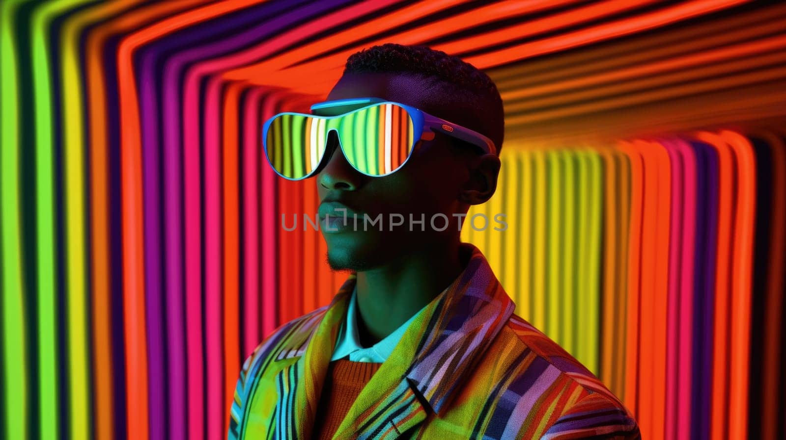Young male model posing with trendy man fashion outfit and colorful optical art abstract background. Picturesque generative AI