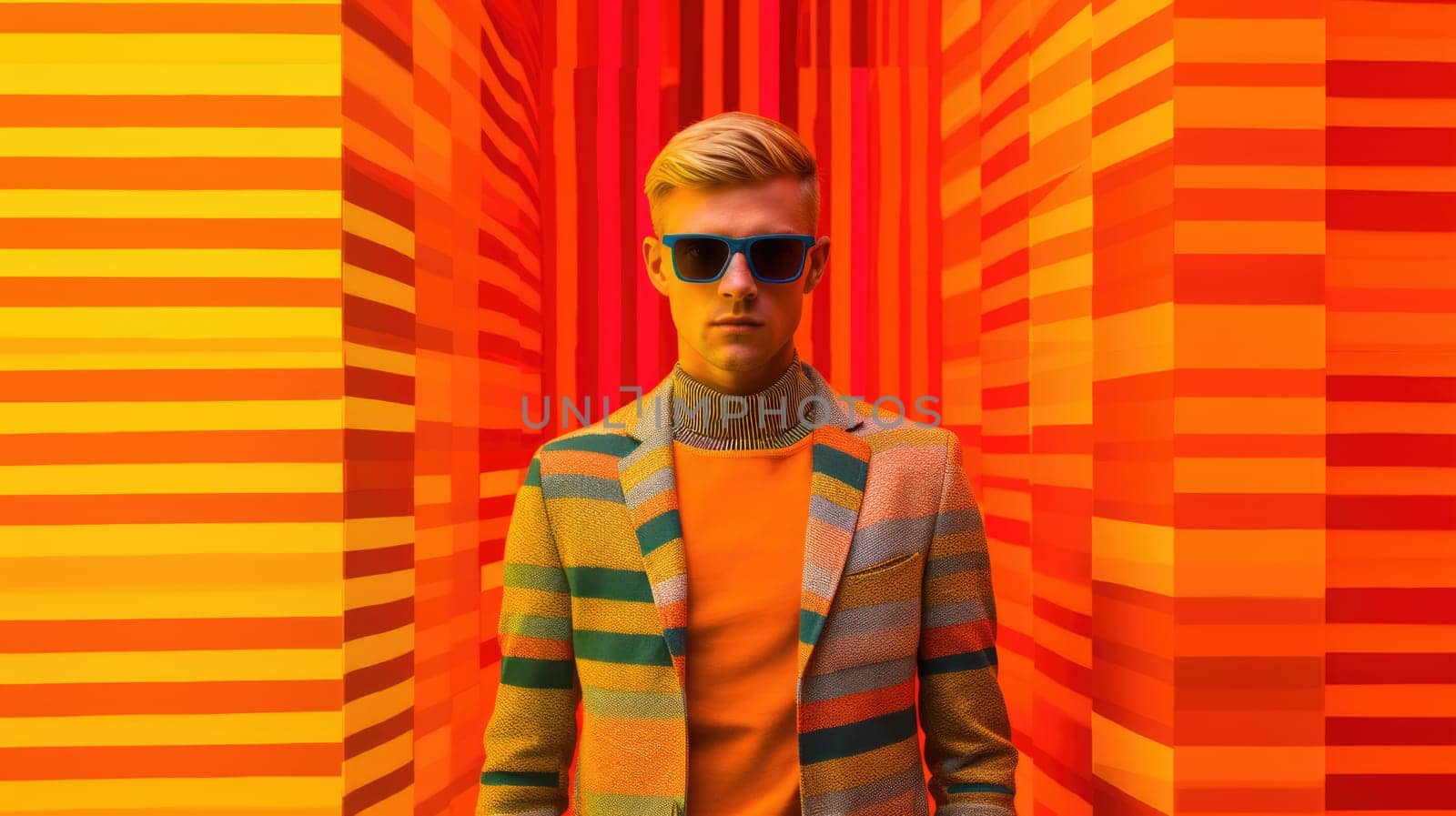 Young male model posing with trendy man fashion outfit and colorful orange optical art abstract background. Picturesque generative AI