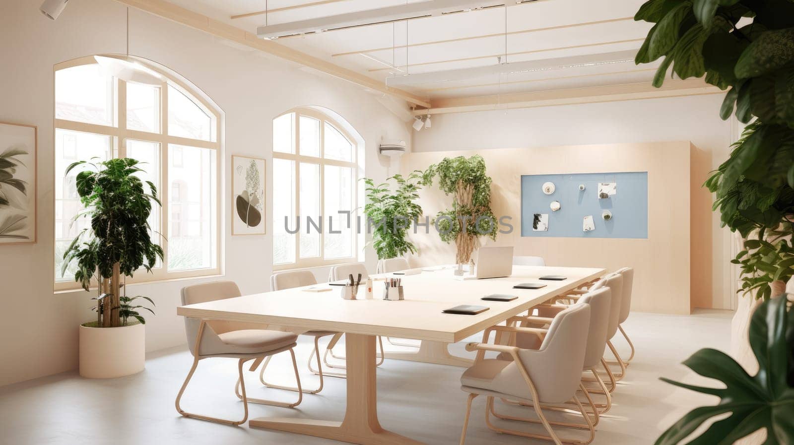 Inspiring office interior design Scandinavian style Meeting room featuring Large windows architecture. Generative AI AIG 31.