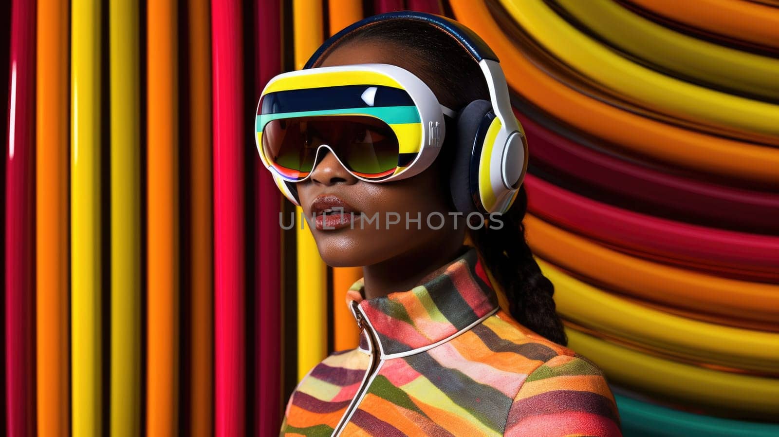 Young african female model wearing VR posing with trendy fashion outfit and colorful optical art abstract background. Picturesque generative AI