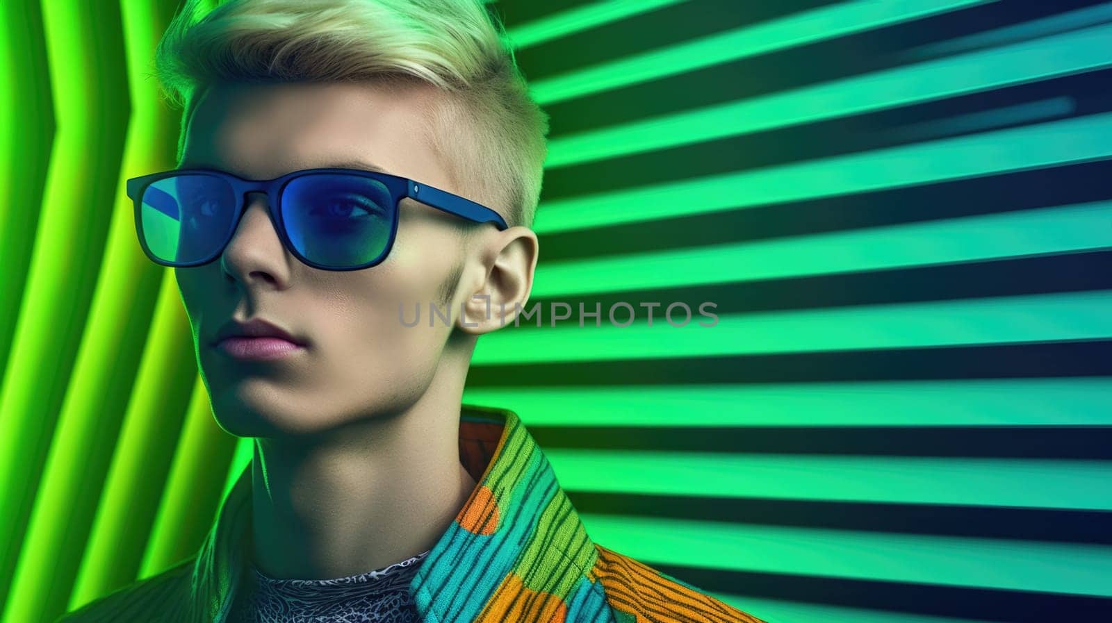 Young male model posing with trendy man fashion outfit and colorful green optical art abstract background. Picturesque generative AI