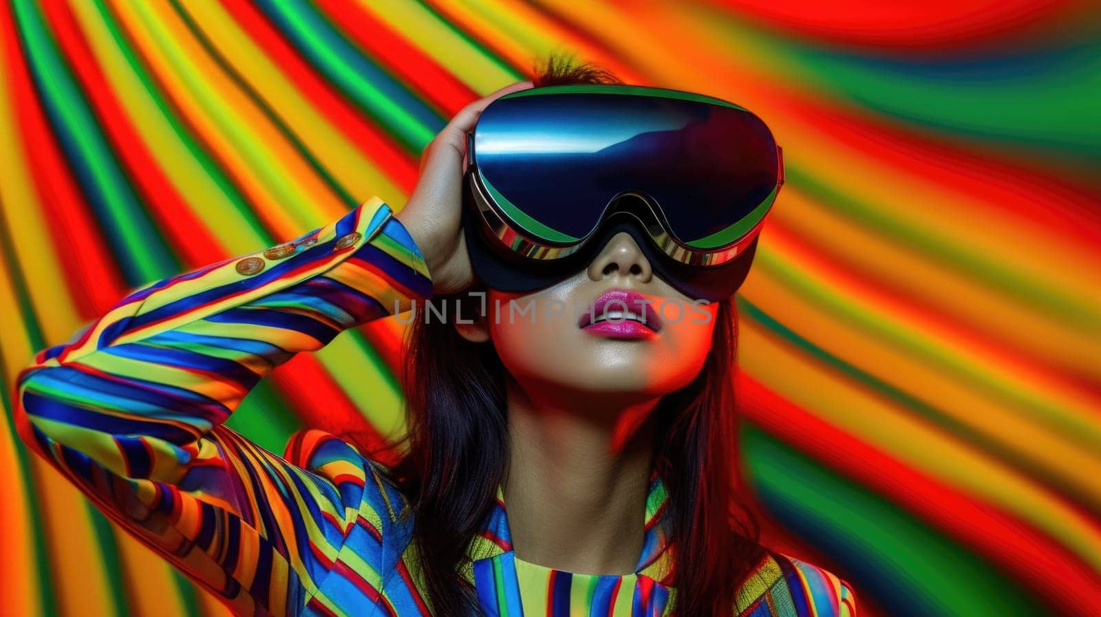 Young female model wearing VR posing with trendy fashion outfit and colorful optical art abstract background. Picturesque generative AI