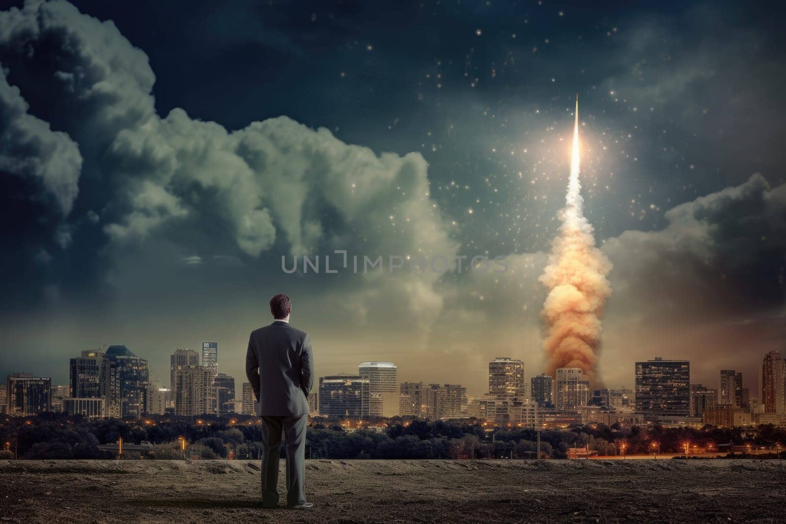 Businessman with rocket taking off as concept of business startup with sky and city background. Picturesque generative AI