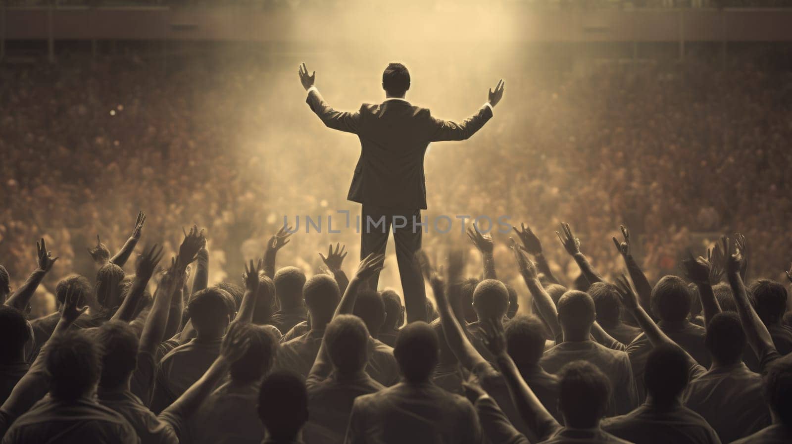 leadership conceptual image, a true born leader standing in front of the cheering crowd. generative ai AIG32 by biancoblue