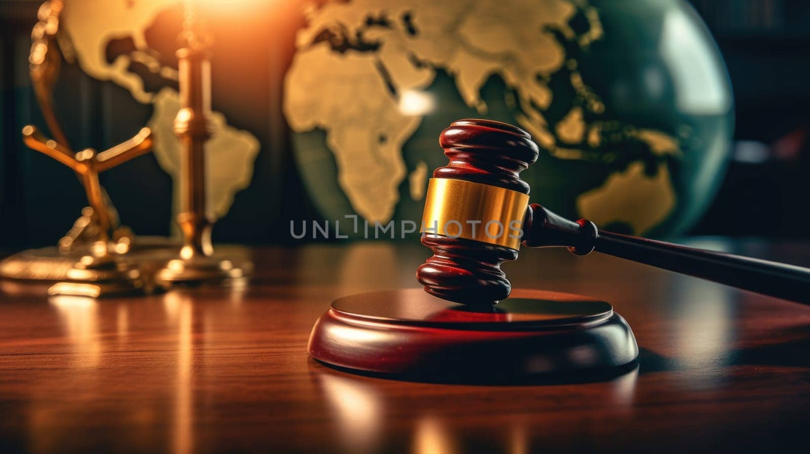 gavel of law on table top, with world map in blur background. generative ai AIG32 by biancoblue