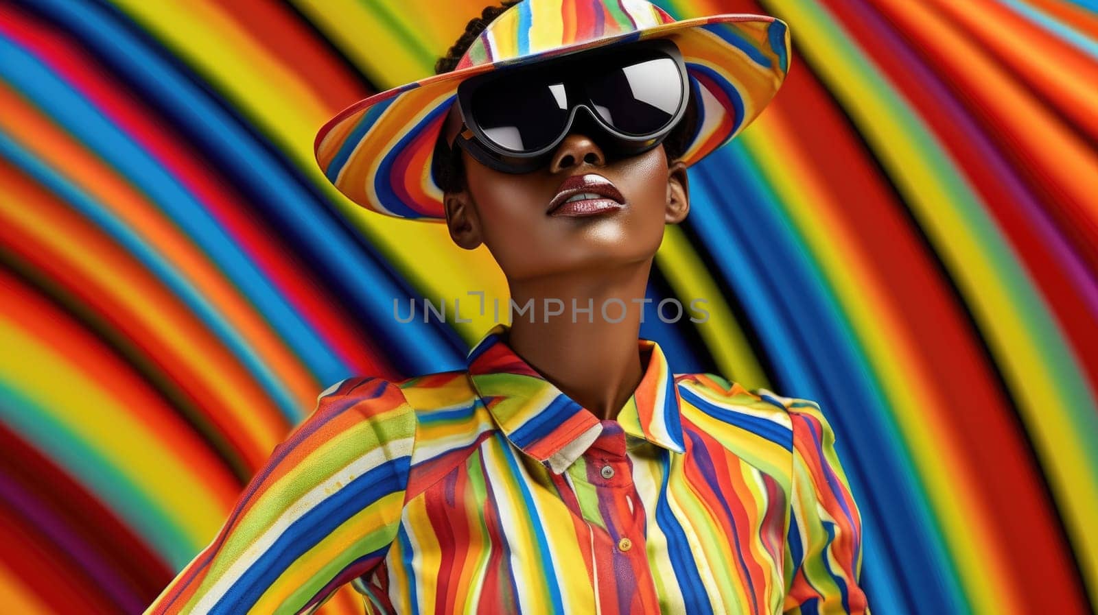 Young african female model wearing VR posing with trendy fashion outfit and colorful optical art abstract background. Picturesque generative AI
