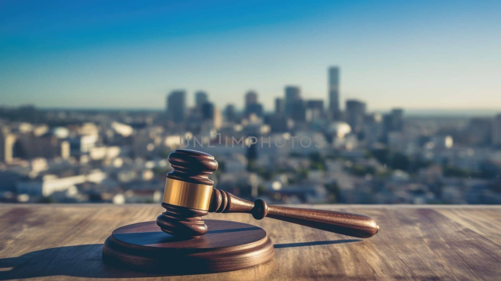 A wooden gavel of law on a table top with city skyline in blur background. Generative AI AIG32 by biancoblue