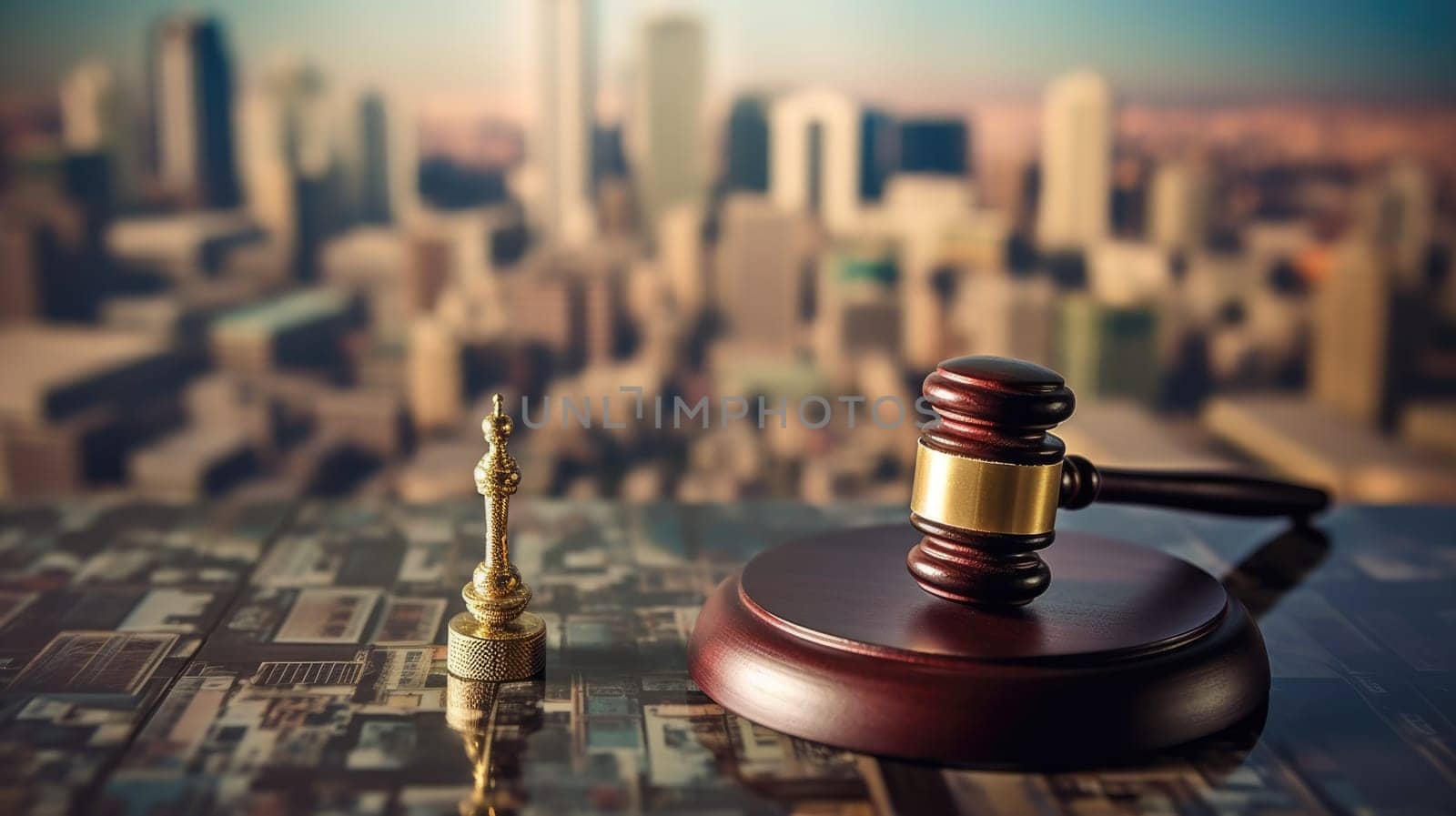A gavel on a table with dense city architectural model in blur background. Generative AI AIG32 by biancoblue