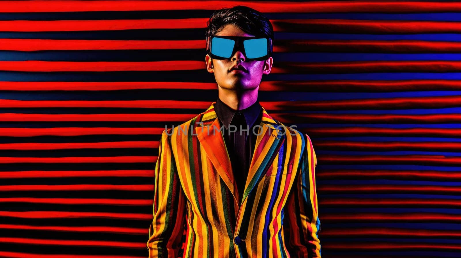 Young male model wearing VR posing with trendy man fashion outfit and colorful red optical art abstract background. Picturesque generative AI