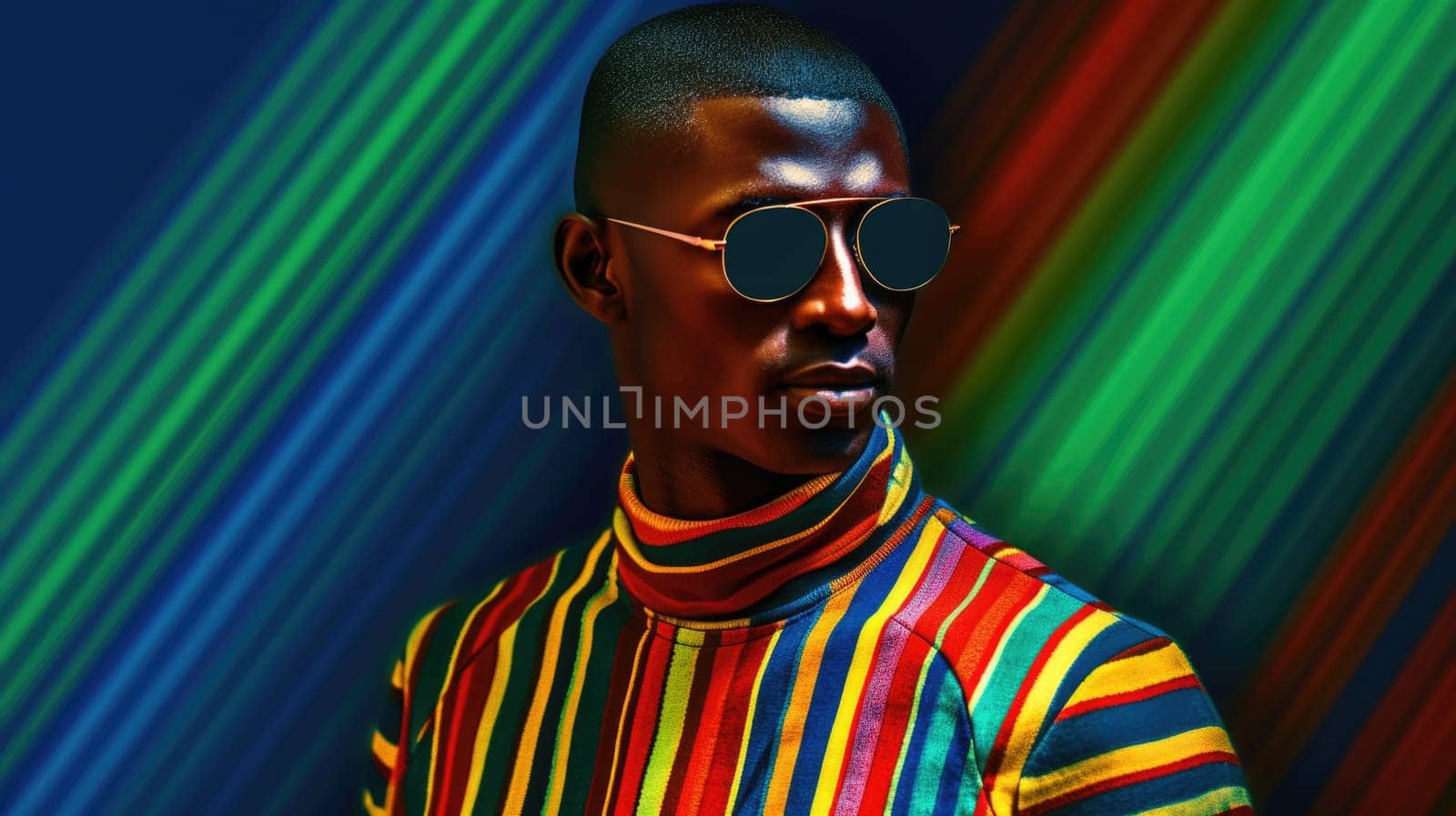 Young male model posing with trendy man fashion outfit and colorful optical art abstract background. Picturesque generative AI