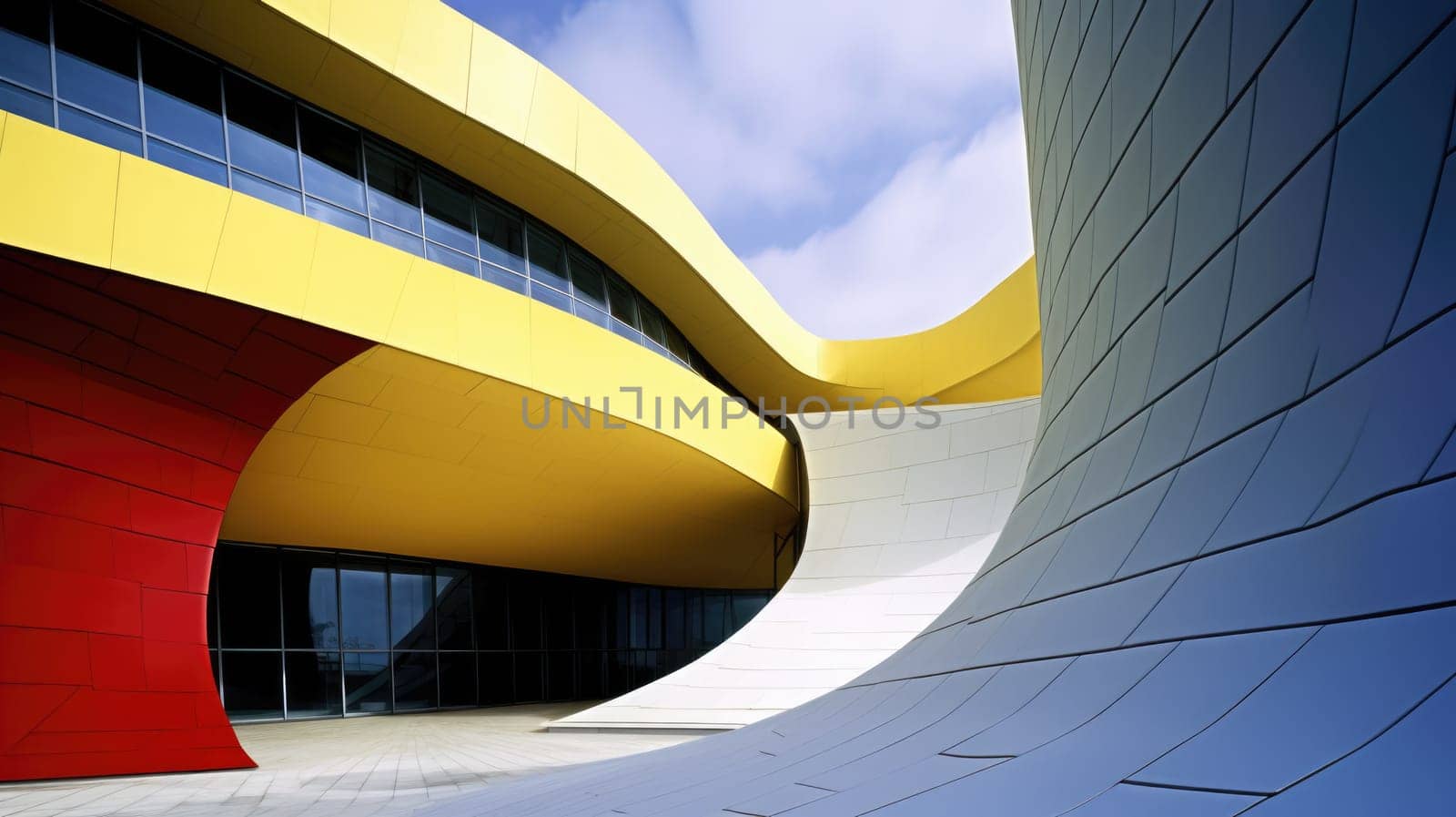 cultural center, close up view, red yellow blue colors. generative ai AIG32 by biancoblue