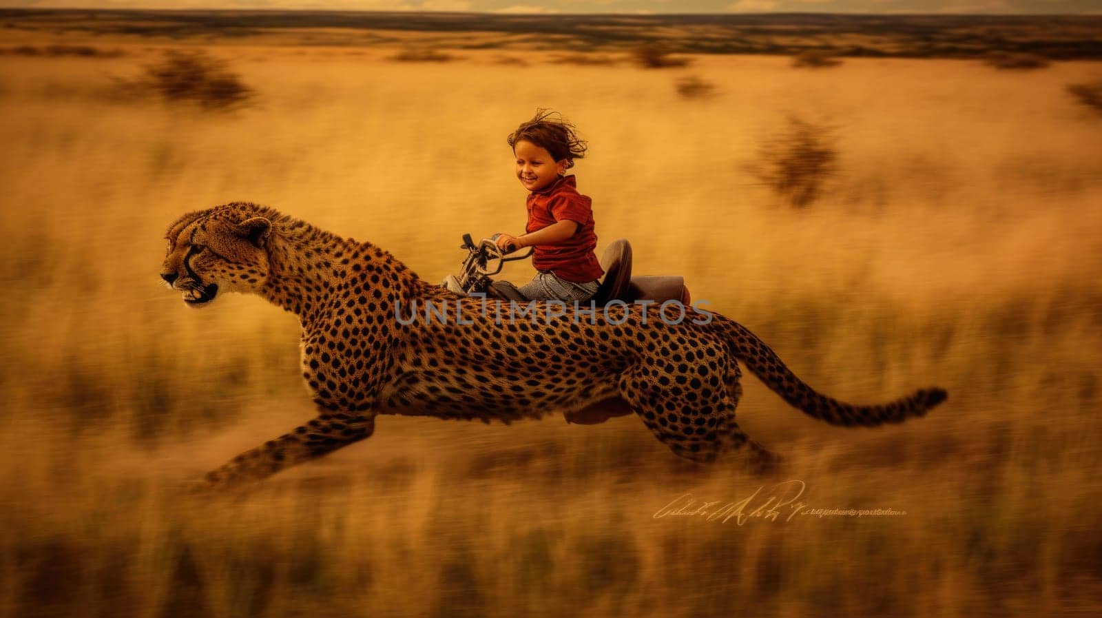 A little boy excited with riding on a cheetah that running fast speed across a vast savannah. Generative AI AIG27. by biancoblue