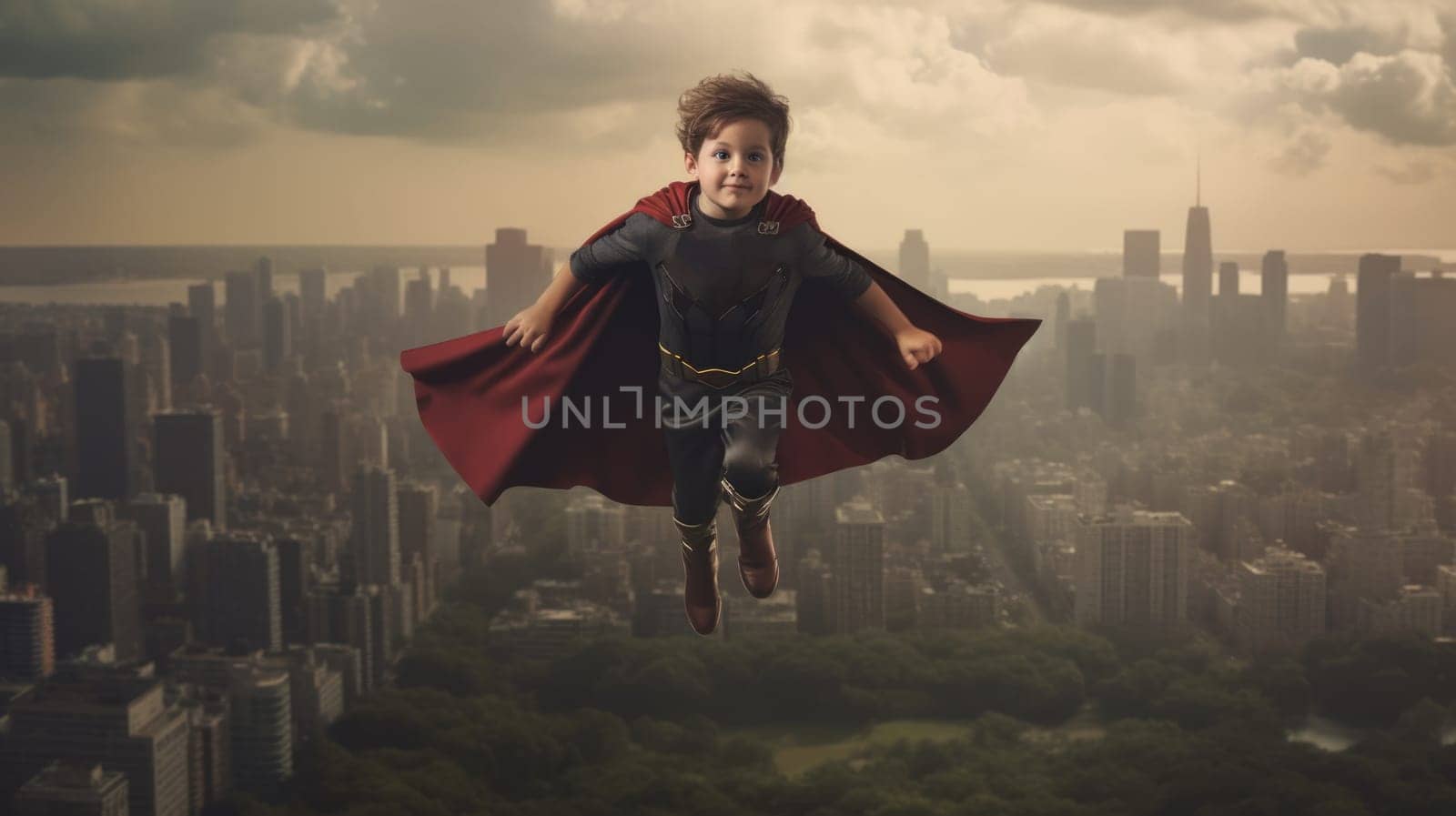 Superhero kid with red cape flying over city with superhero gesture. Picturesque by biancoblue