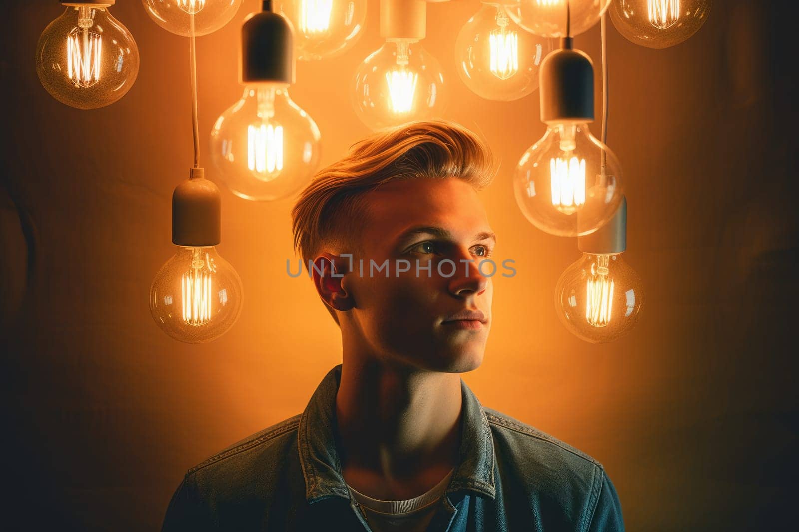bright light bulb floating above of young scandinavian man's head. beautiful Generative AI AIG32