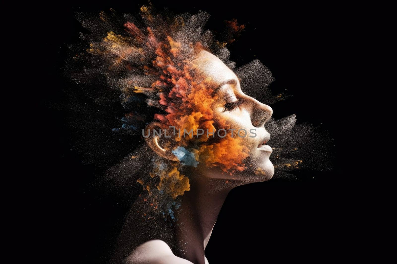 Woman portrait profile with dispersion and dissolve effect. Generative AI AIG27.