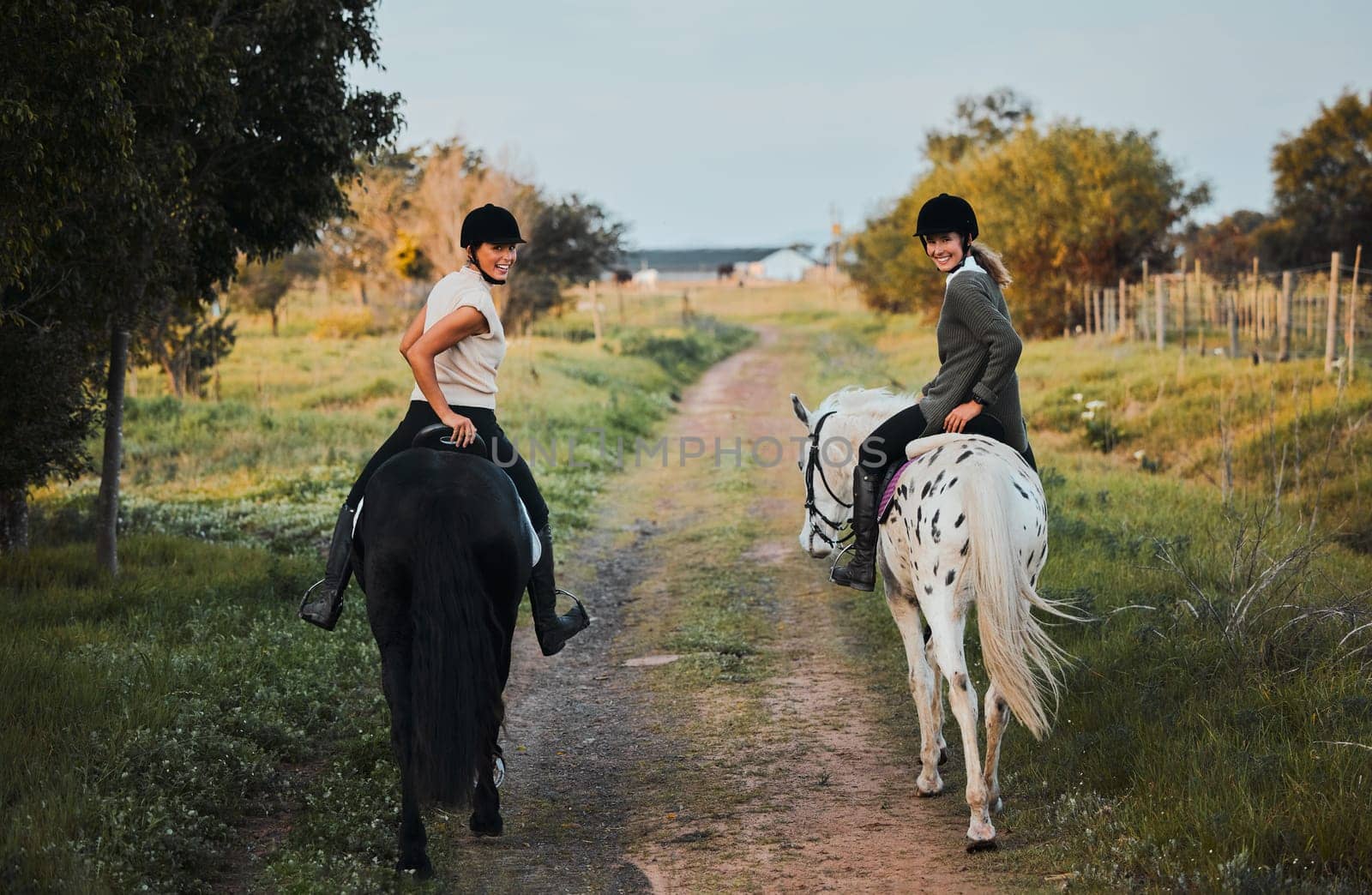 Horse riding, friends and portrait of women in countryside outdoor for freedom. Equestrian, happy girls and animals in field, nature and adventure to travel, journey and vacation in summer together