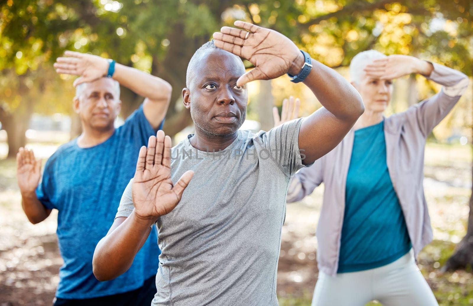 Fitness, tai chi and senior people in park for healthy body, wellness and active workout outdoors. Yoga, sports and men and women stretching in nature for exercise, training and pilates in retirement.