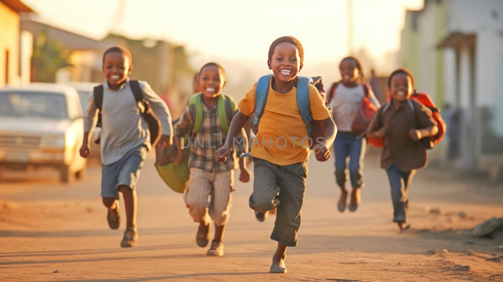 A group of young children with backpacks are walking to school on the dusty street. Back to school. Generative ai.