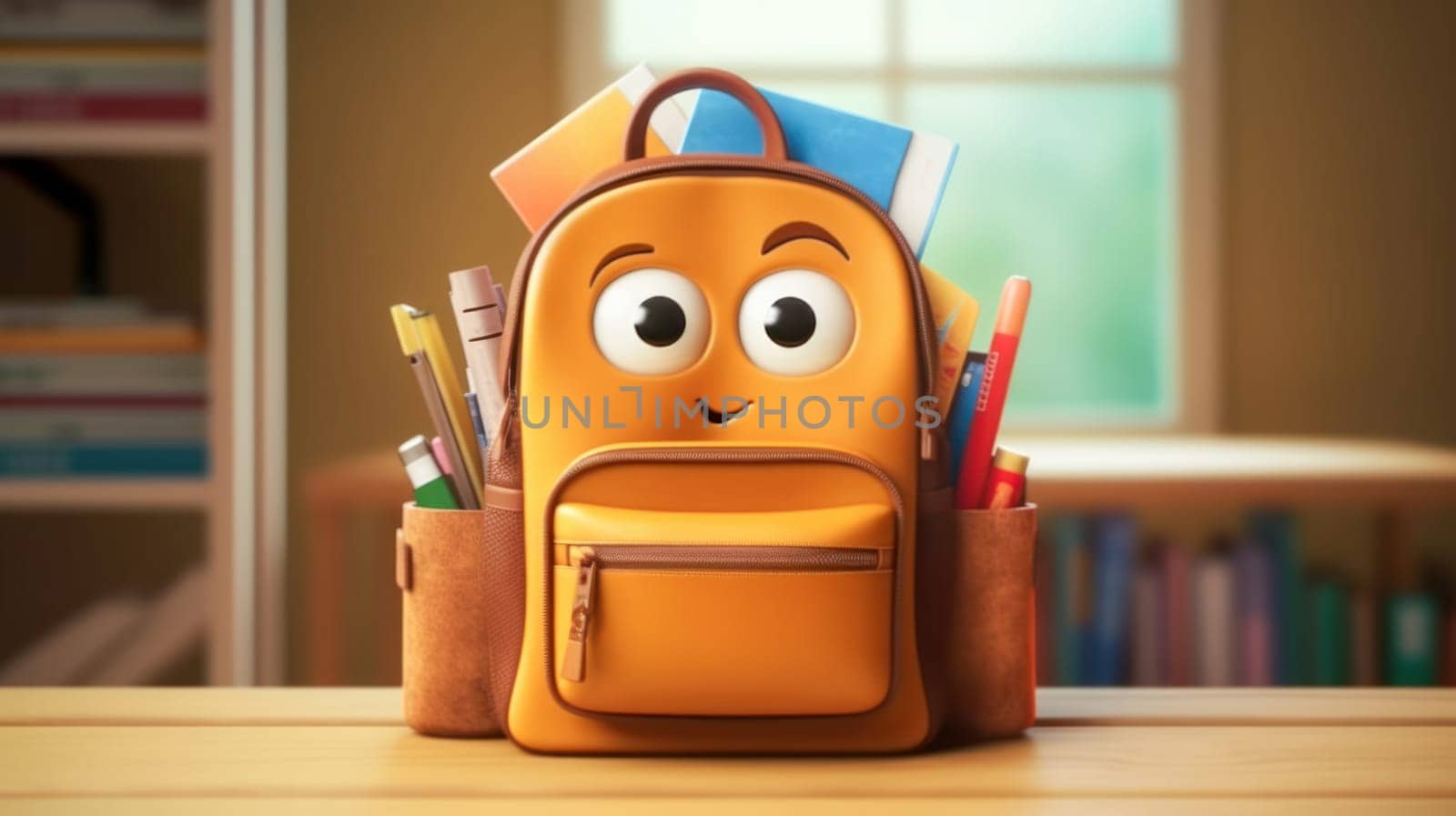 Cute orange smiling backpack with school supplies on table. Back to school concept. Generative ai