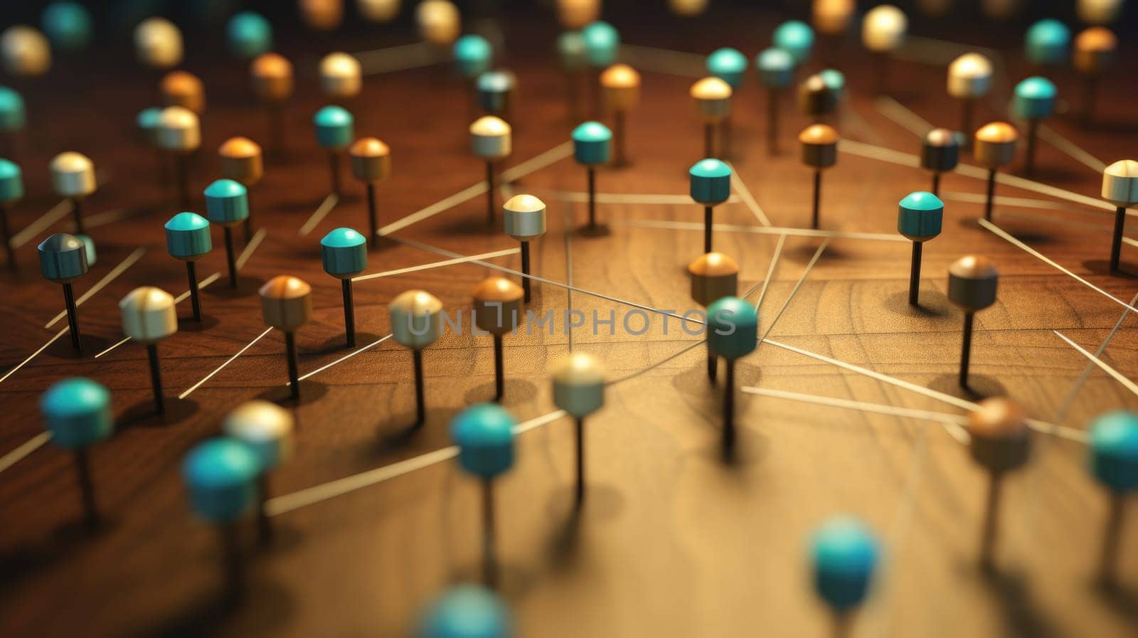 network concept, pins on table linked by threads, create connections. beautiful Generative AI AIG32