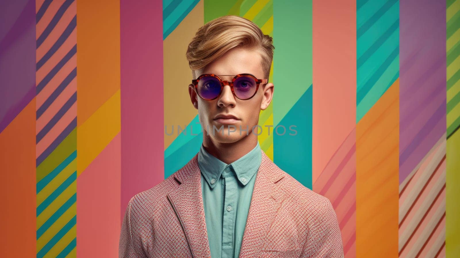 Young male model posing with trendy man fashion outfit and colorful pastel mood optical art abstract background. Picturesque generative AI