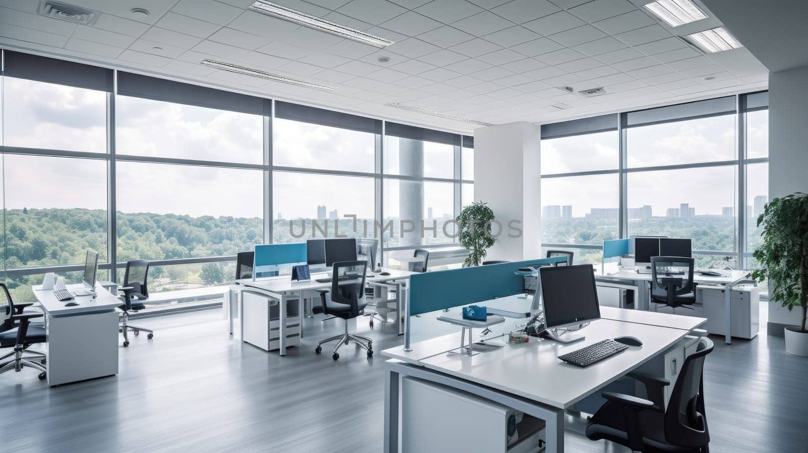 Inspiring office interior design Modern style Corporate Office with Open Space Design featuring Floor-to-ceiling windows architecture. Generative AI AIG 31.