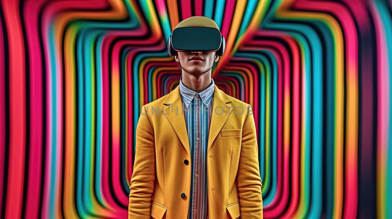 Young male model wearing VR posing with trendy man fashion outfit and colorful red optical art abstract background. Picturesque generative AI