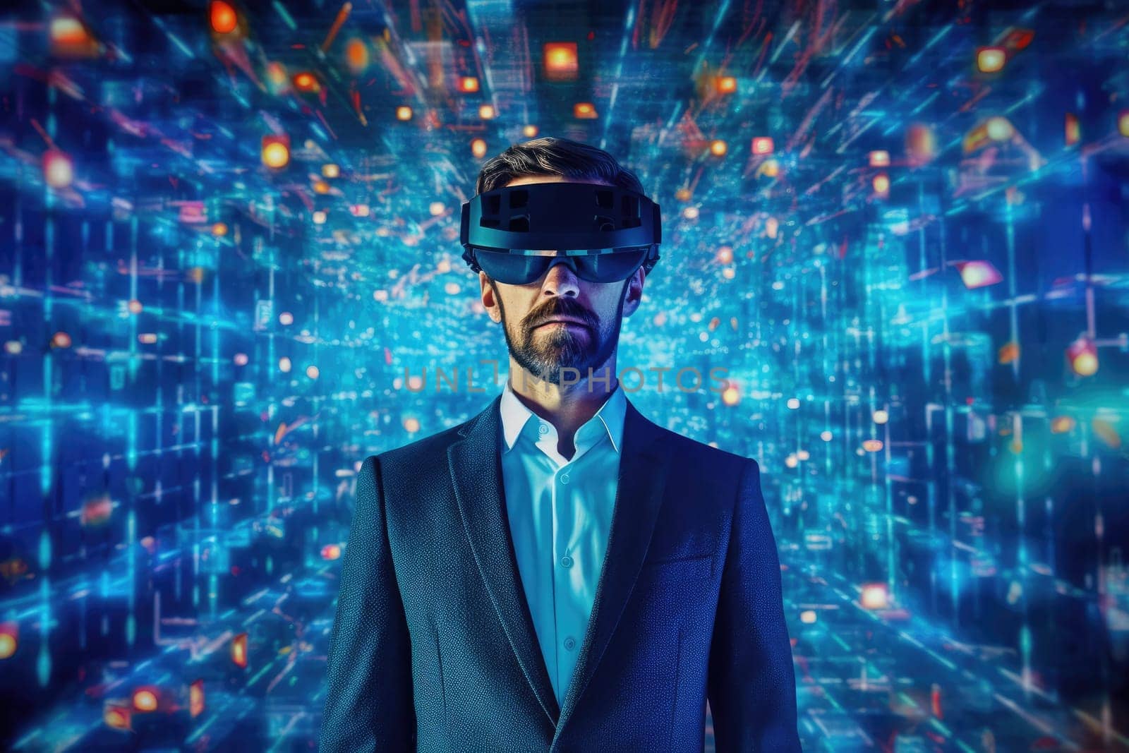 Businessman wearing virtual reality with digital big data transfer from brain to buzzy software showing futuristic technology generative AI image